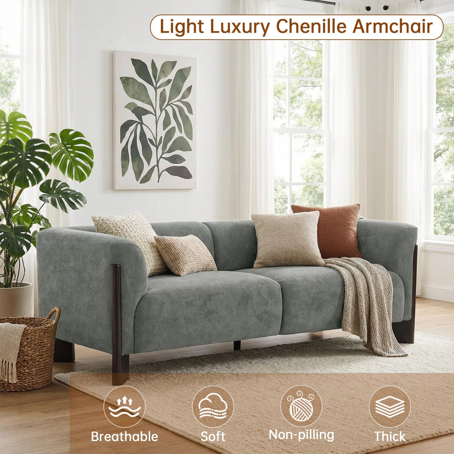 81" Loveseat Sofa Couch, 2 Seater Sofa Couches with Wood Legs and Armrest, Comfy Thick Cushion Upholstered Lounge Loveseat Sofa Chair for Living Room Office, Chenille Fabric, Gray
