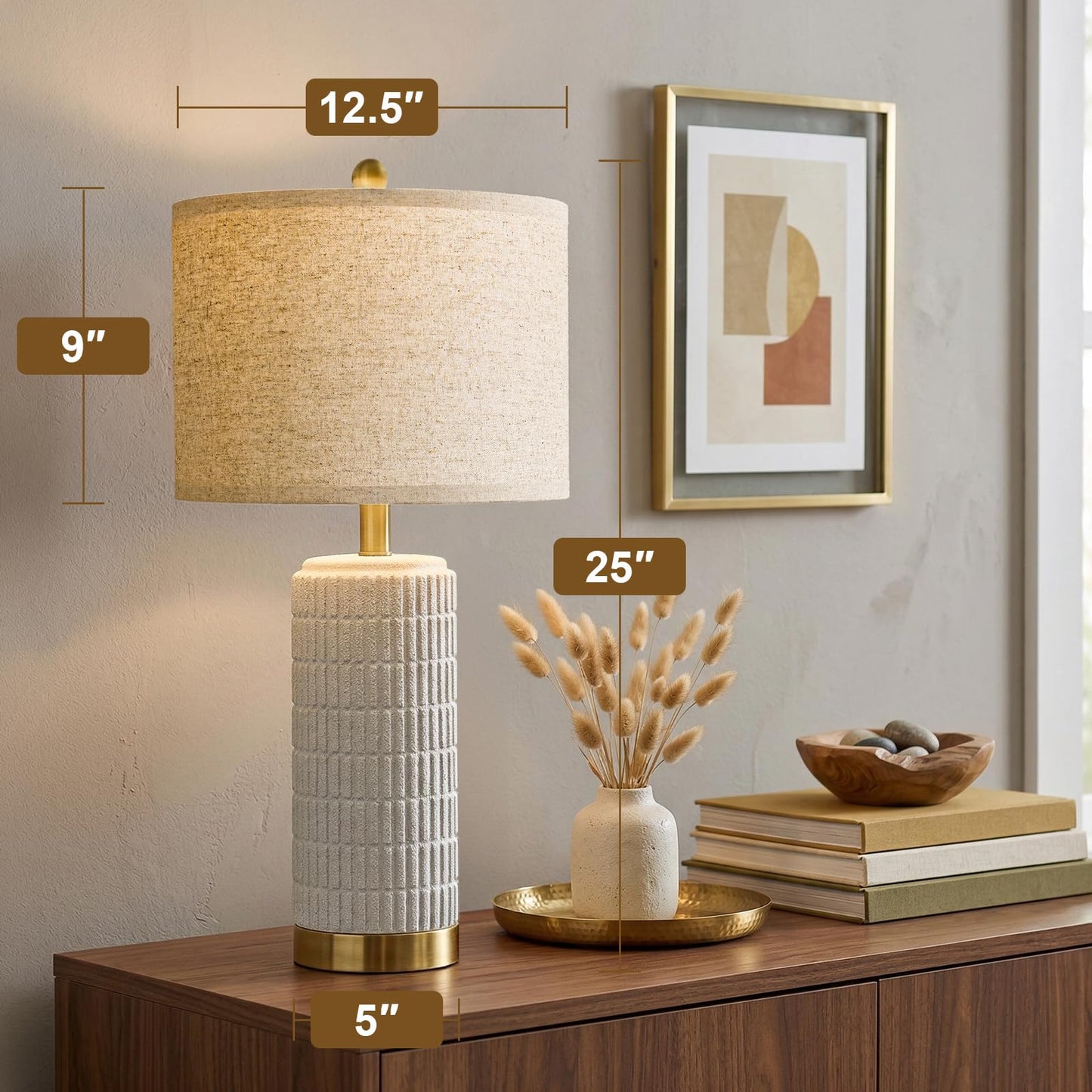 PoKat Small Bedside Table Lamps Set of 2 for Bedroom Living Room, 21.5'' Modern Ceramic Nightstand Lamps with Gold Base, Farmhouse Table Lamps for Office End Side Table Console, White and Beige