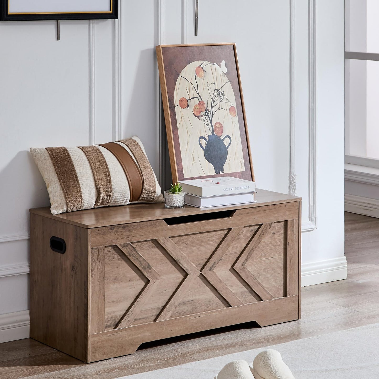 47.2” Storage Bench,Extra Large Wooden Storage Chest with 2 Safety Hinges,entryway Bench,Blanket Storage,Shoe Storage Bench for Entryway,Bedroom,Living Room,Easy Assembly.-Greige
