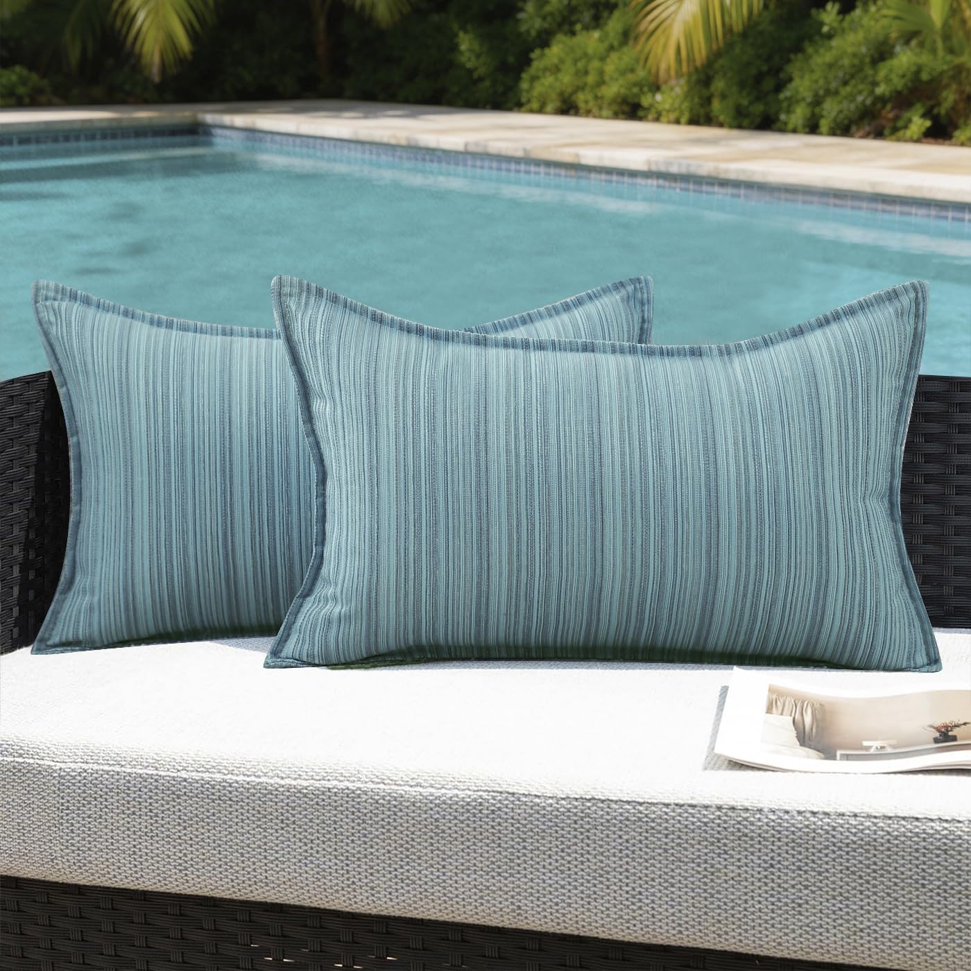 VAKADO Outdoor Waterproof Throw Pillow Covers 18x18 Set of 2,Chenille UV Decorative with Hem Patio Furniture Cushion Cases Decor for Bench Garden Tent Chair Seat Porch Couch,Stripe Beige