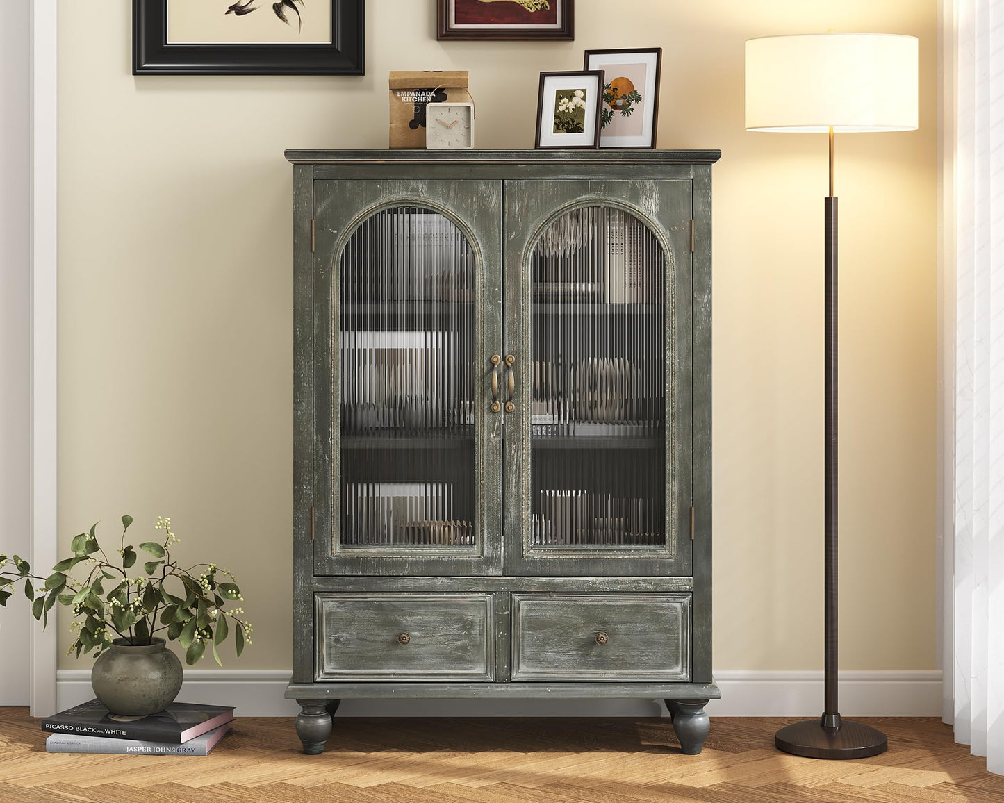 LKTART 60" Farmhouse Sideboard Buffet,Solid Fir Wood Frame with Hollowed-Out Carved Doors,Hand-Distressed Design,Versatile Storage Cabinet for Kitchen, Living Room,Natural Wood