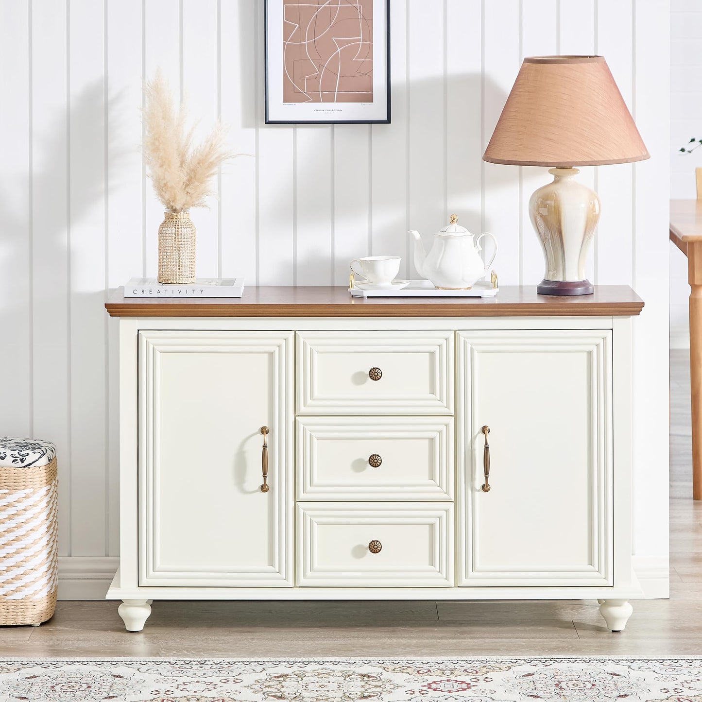 LKTART 40" Sideboard Buffet Accent Storage Cabinet with Carved Pattern Side Board Solid Wood Frame for Kitchen, Living Room, Entryway,Hallway (Blue+Brown)