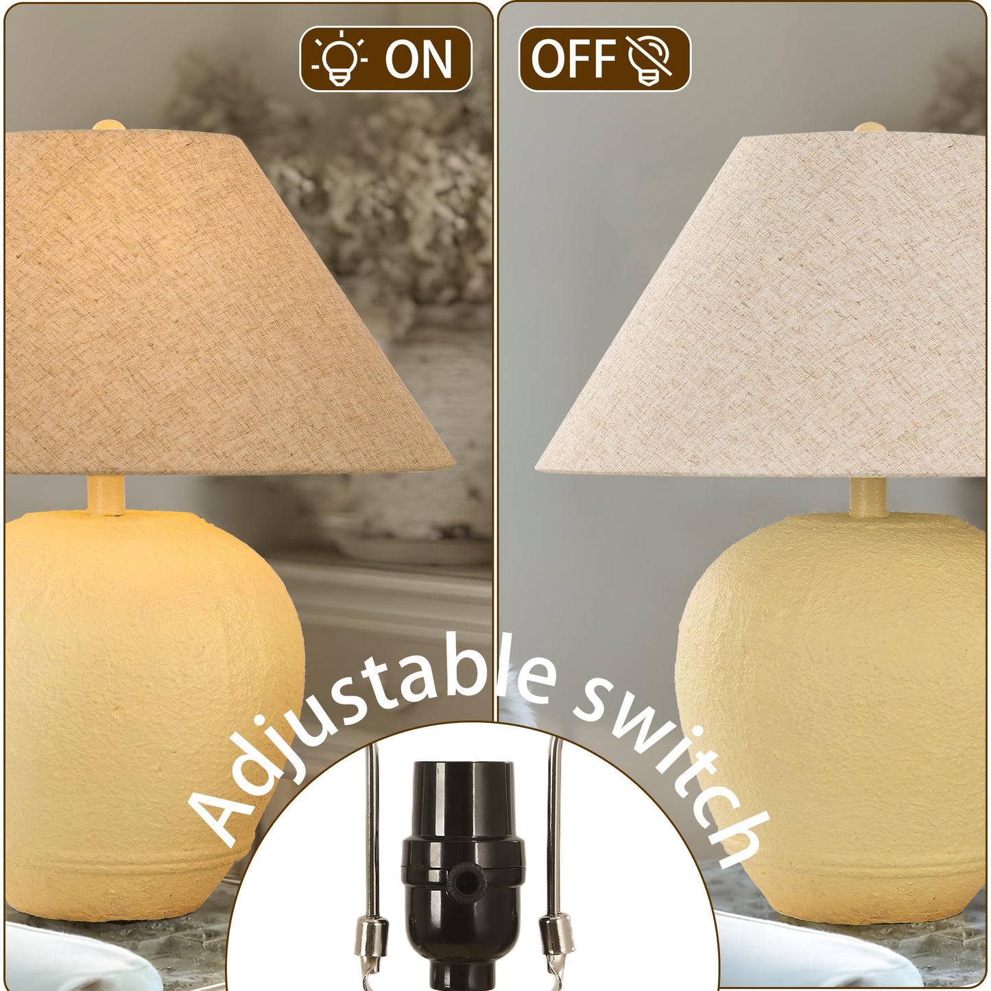 Farmhouse Ceramic Table Lamp, 21" Rustic Table Lamp with Linen Shade, 3-Way Dimmable Bedside Nightstand Lamps for Bedroom, Living Room, E26 Socket, Dark Grey