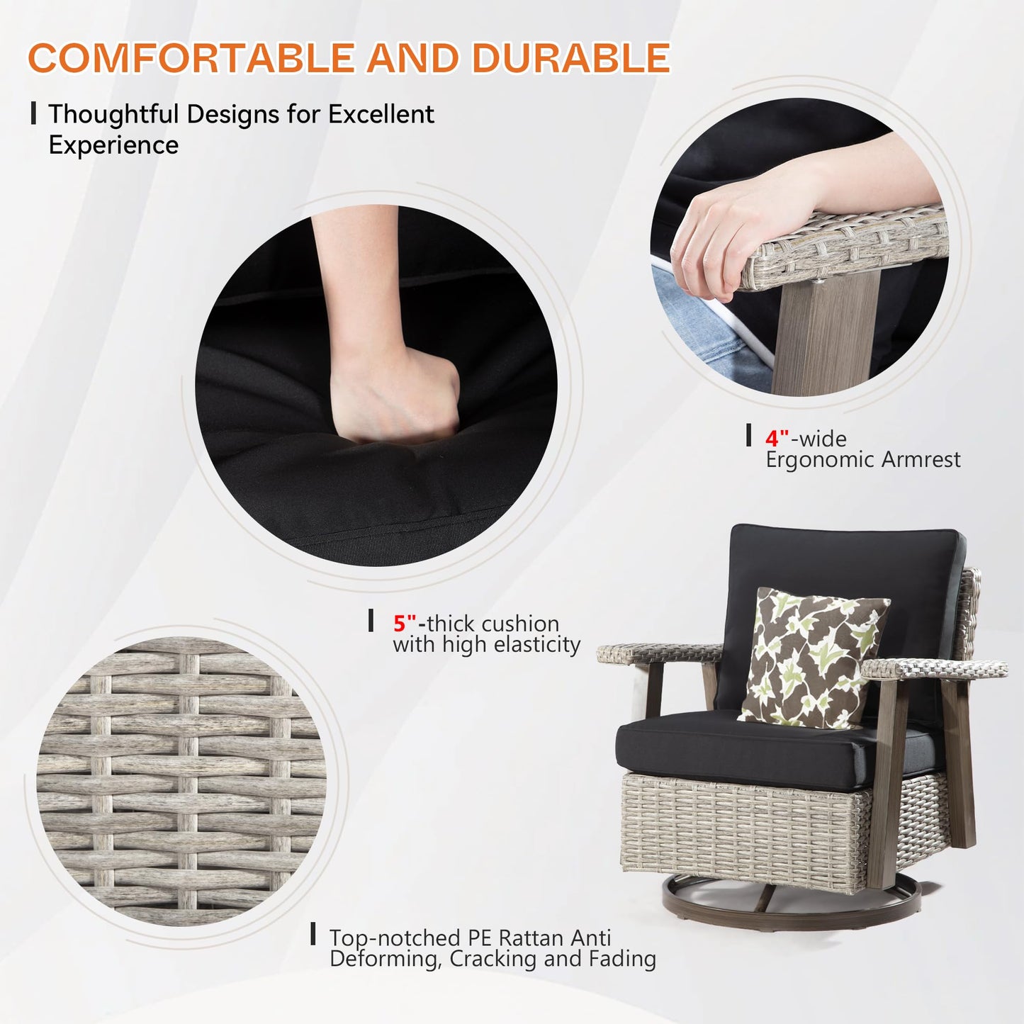 Joyside Patio Chair - Outdoor 360 Degree Swivel Rocker Chair with Durable Fabric Cushion and Ergonomic Structure, Patio Wicker Dining Chair(Grey/Dark Blue)