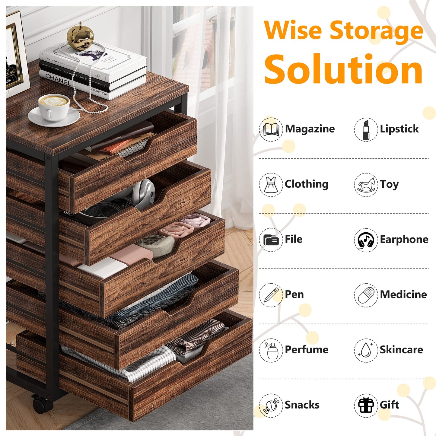 Tribesigns 5 Drawer Chest, Wood Storage Dresser Cabinet with Wheels, Industrial Storage Drawer Organizer Cart for Office Bedroom Entryway (Rustic Brown, 1 PC)