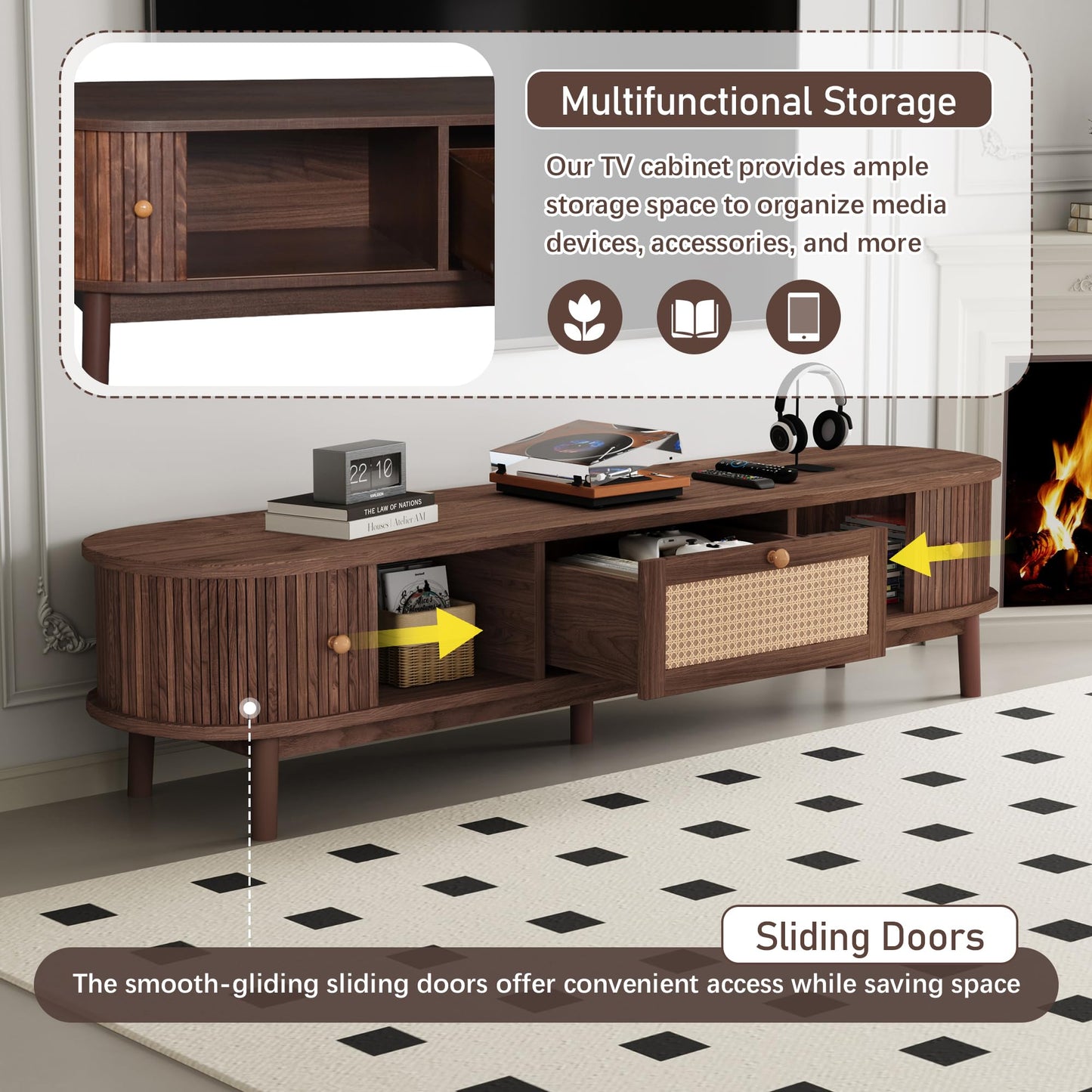LKTART 67" Mid Century Modern TV Stand for 65/70/75/80" TVs,Entertainment Center with Sliding Doors and Drawers,Media Console for Living Room
