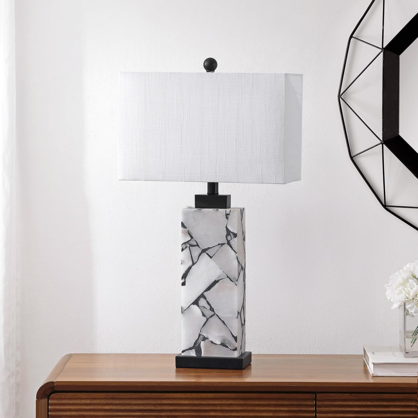 JONATHAN Y 24.25" Black/White Modern Alabaster LED Table Lamp for Home Decor, White Linen Shade, Coastal Nightstand Lamp with Built-in Base Accent Light (JYL8507A)