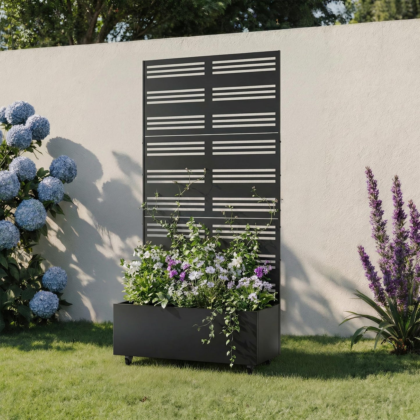 Metal Raised Garden Bed with Trellis and Wheels, 71"x47"x16" Planter Box with Privacy Screen & Drainage Holes, Arched Outdoor Garden Bed for Climbing Plants, Vegetables, Flowers (Black-Square)