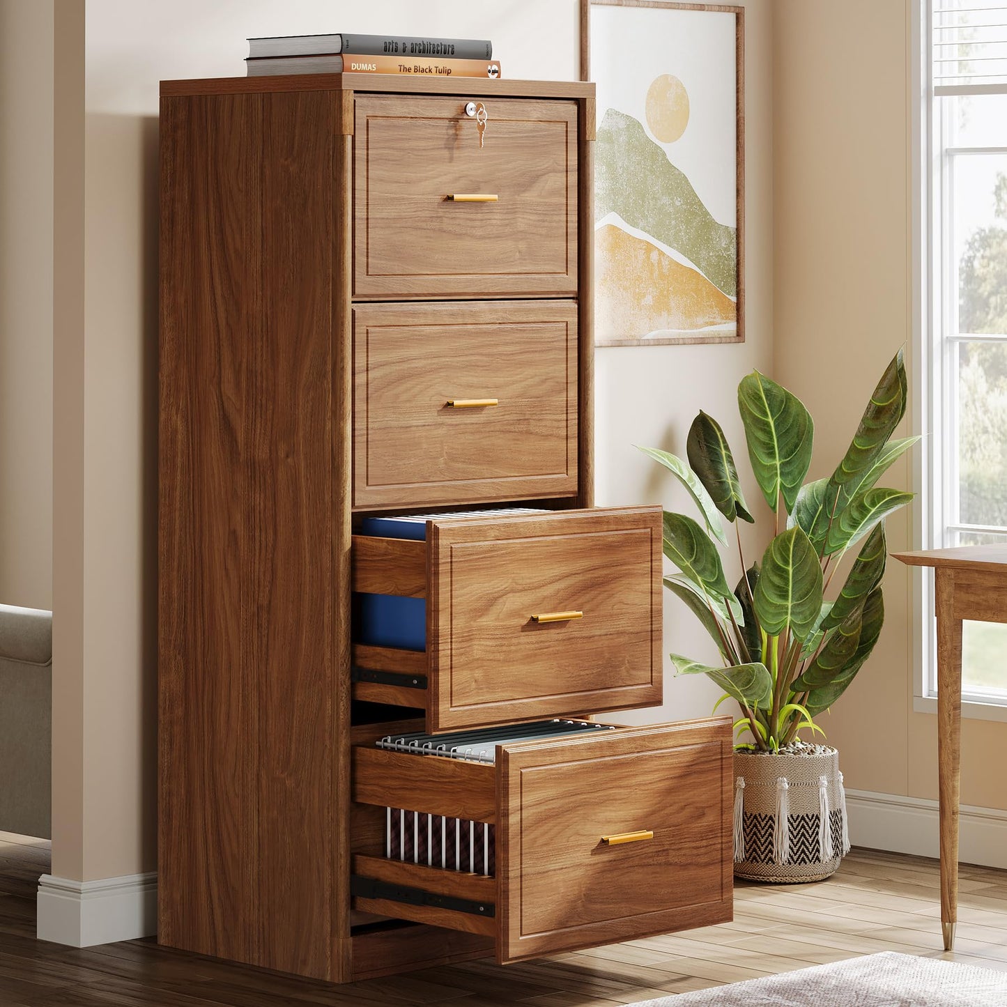 Tribesigns 4-Drawer File Cabinet with Lock, Locked File Cabinet with Key, Tall Wooden Filing Cabinets for Home Office, Vertical Office Storage for Legal Size/Letter/A4/Files, Brown