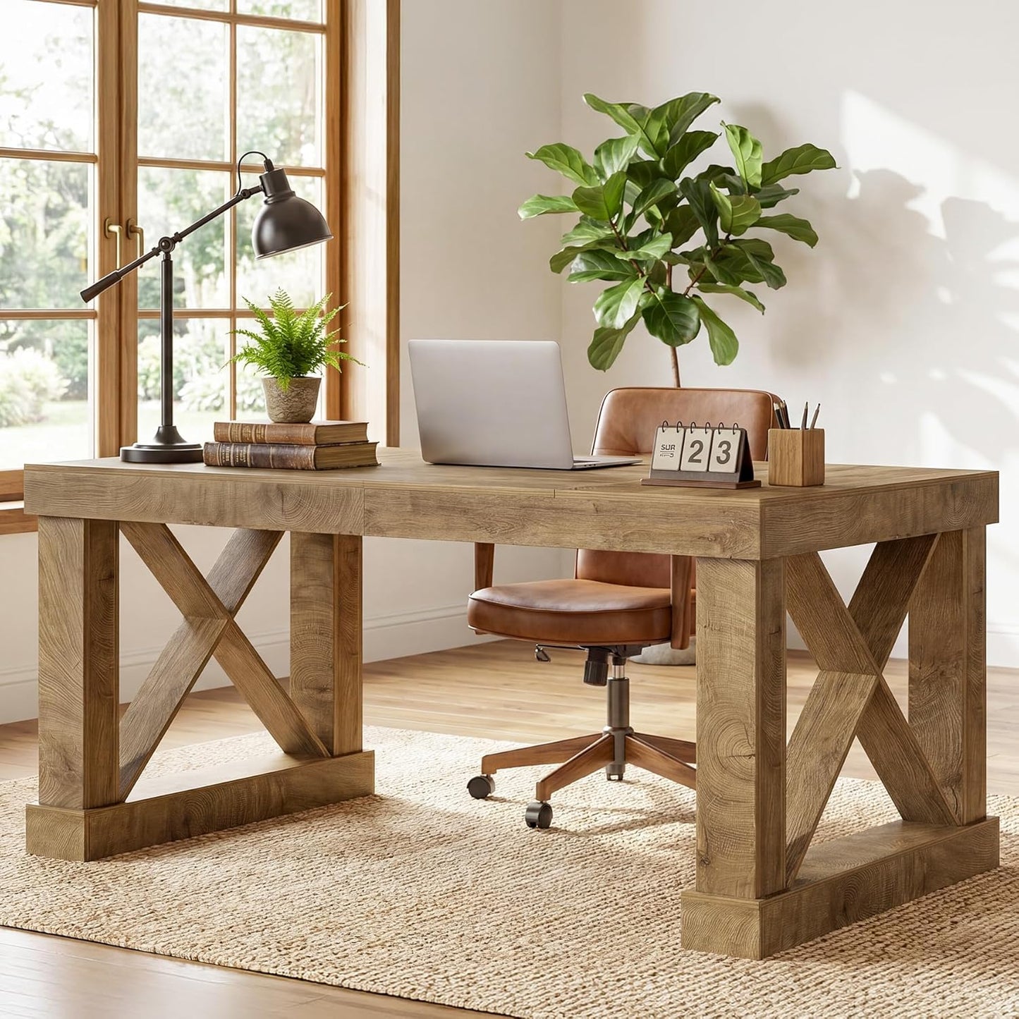 Tribesigns 63-Inch Executive Desk, Farmhouse Office Computer Desk with Sturdy Leg Structure, Rectangular Writing Table Business Furniture for Home Office, Wood Color