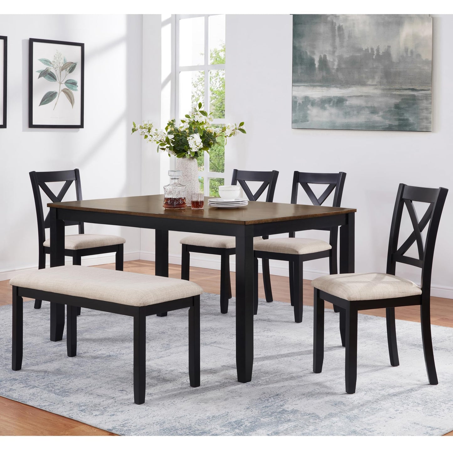 LKTART 6 Piece Kitchen Dining Set, 58.5" Rectangular Wooden Dinner Table with 4 Upholstered Chairs and a Bench for Living Room, Home Bar and Kitchen, Walnut