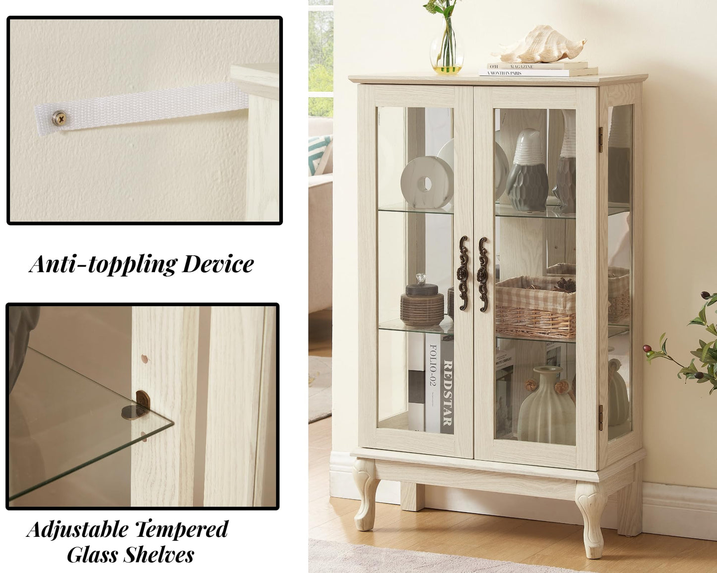 LKTART Curio Glass Display Cabinet,Storage Cabinet with Lights and Mirrored Back Panel,China Cabinet with Tempered Glass Doors and Shelves,Collectible Display Shelf,Included Bulb White
