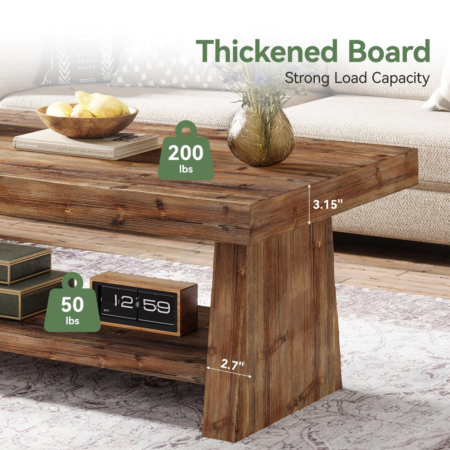 Solid Wood Coffee Table, 47-Inch Farmhouse Wooden Coffee Table for Living Room, 2-Tier Rectangular Center Table with Storage for Apartment, Home Office, Dark Brown