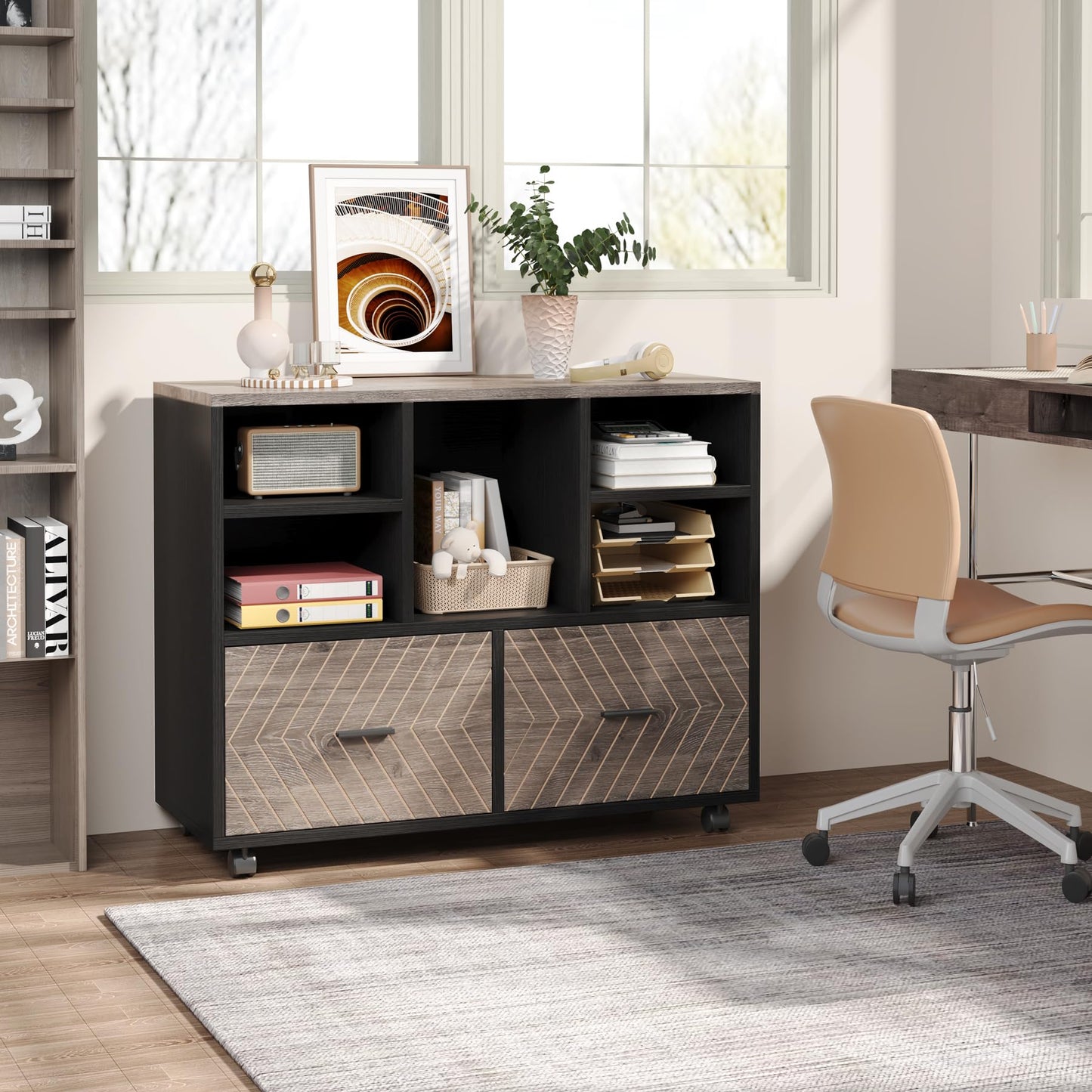Tribesigns 2-Drawer Wood File Cabinet, Mobile Lateral Filing Cabinet for Hanging Letter Size Files, Printer Stand with Open Storage Shelves for Home Office (Oak Karo & White)