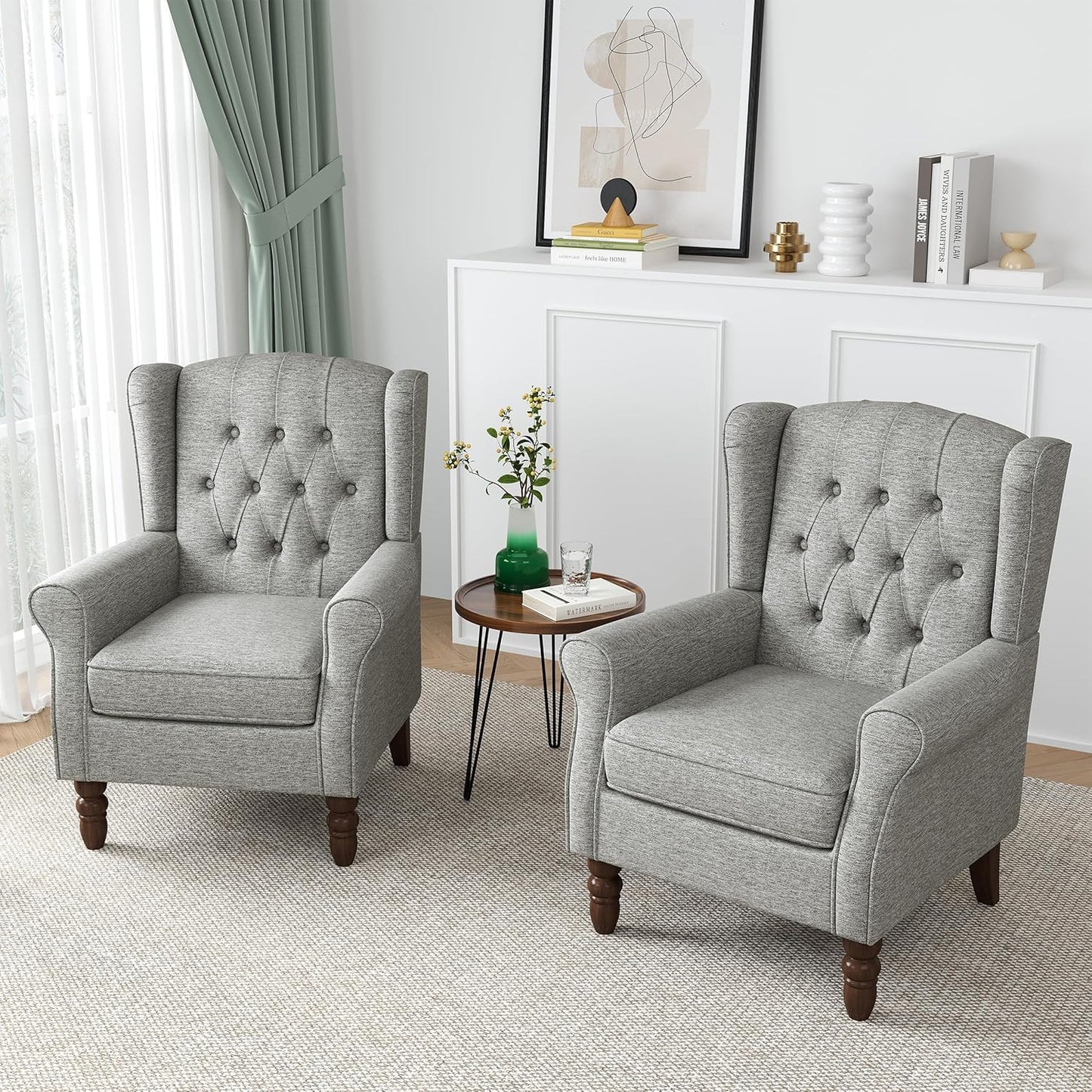 Faux Leather Wingback Chairs Set of 2, High Back Accent Chair for Living Room, Button-Tufted Upholstered Armchair with Solid Wood Legs, Comfy Reading Chair for Bedroom, Brown