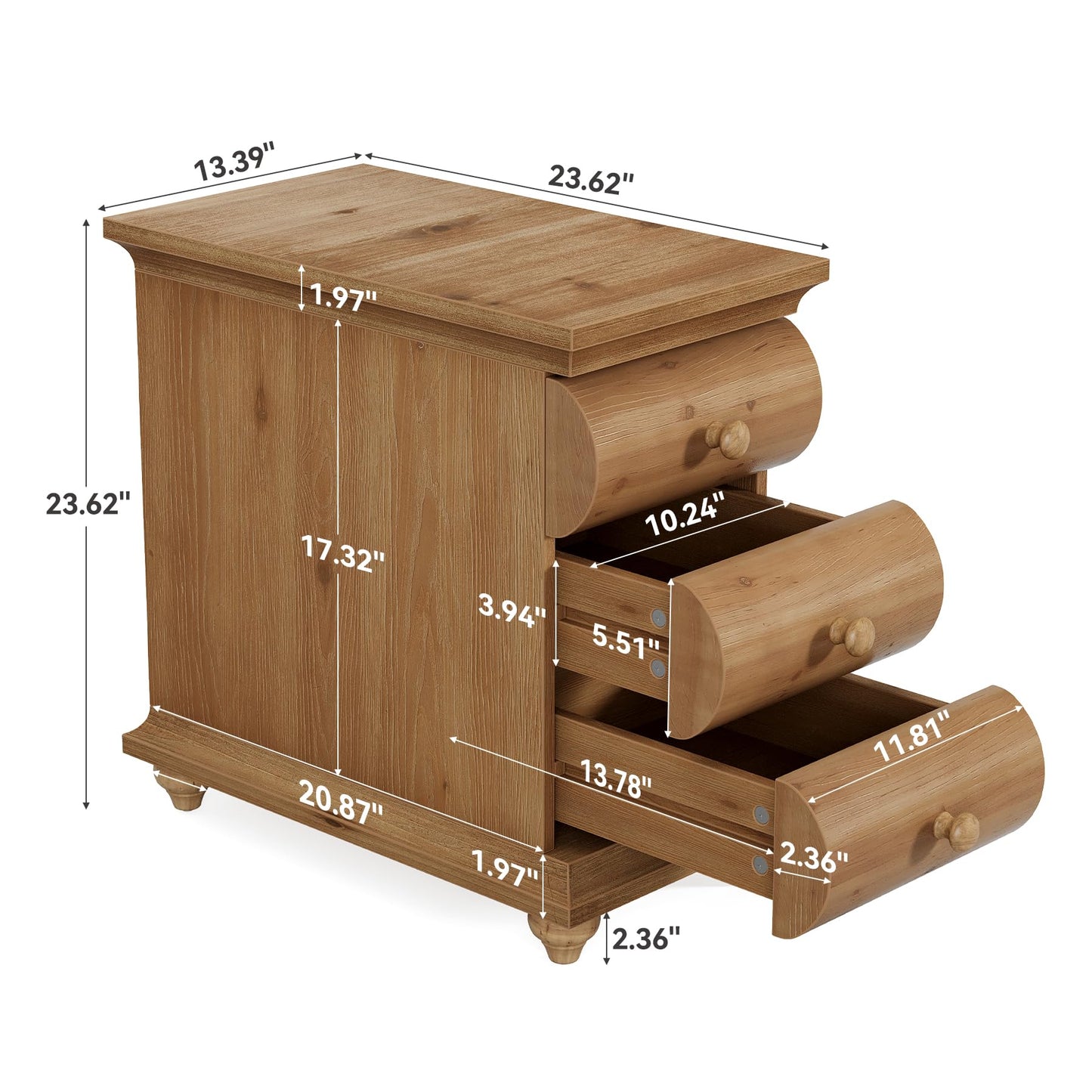 Solid Wood End Table Set of 2, 3 Drawers Narrow Sofa Side Table with Finished Back, Rustic Slim Nightstand Bedside Table for Bedroom, Living Room, Small Spce