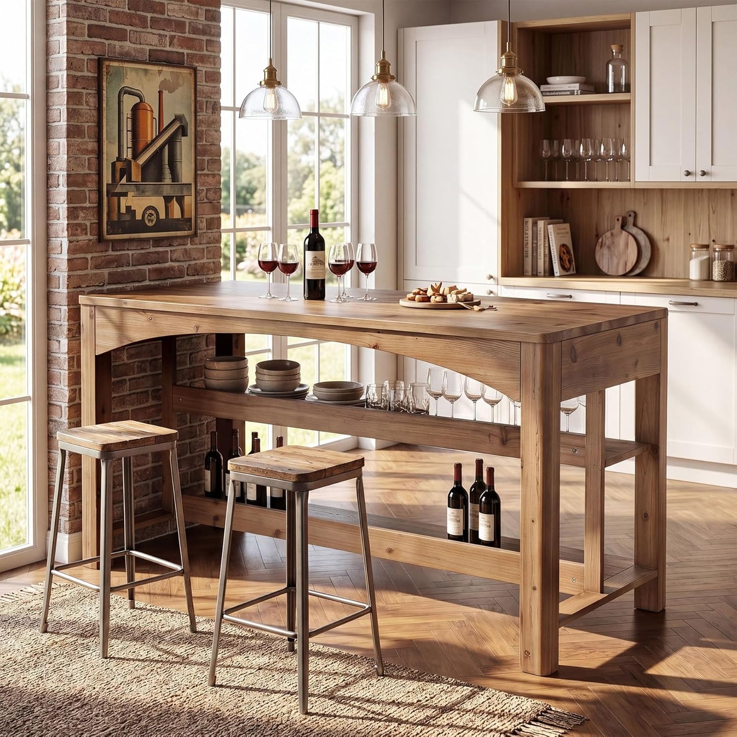 59 Inches Bar Table, Farmhouse Counter Height Pub Table with Storage Shelves, 3-Tier Coffee Bar Cabinet Counter Height Table for Kitchen, Dining Room, Natural Brown