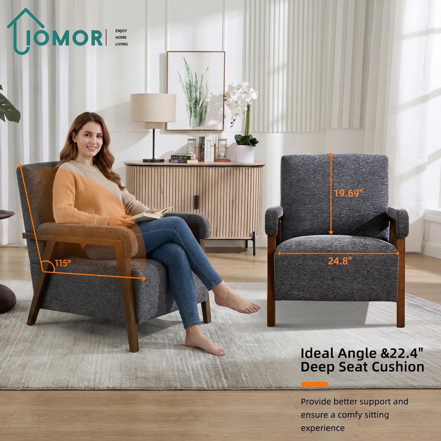 IOMOR Mid Century Modern Accent Chair, Upholstered Armchair with Thick Seat Cushion and Solid Wood Frame, Thick and Comfy Seat Cushion, Short Plush Fabric Arm Chair for Living Room(1,White)