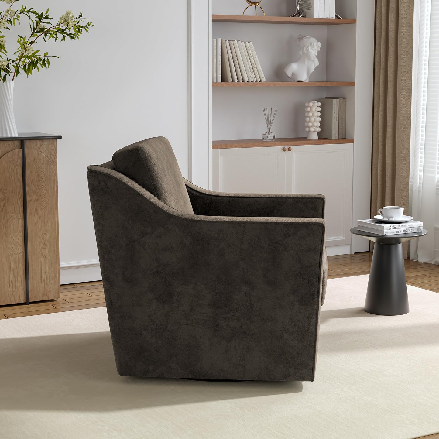Swivel Accent Chairs Set of 2, 360° Swivel Upholstered Faux Leather Club Armchairs for Living Room, Comfy Single Sofa Reading Chair with Deep Seat, Metal Swivel Base, Coffee