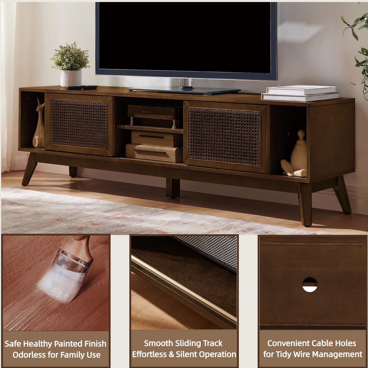 LKTART Mid Century Modern Rattan TV Stand for 65 Inch TV,59" Boho Media Console with Sliding Doors & Open Shelves,Solid Wood Legs for Living Room,Light Walnut