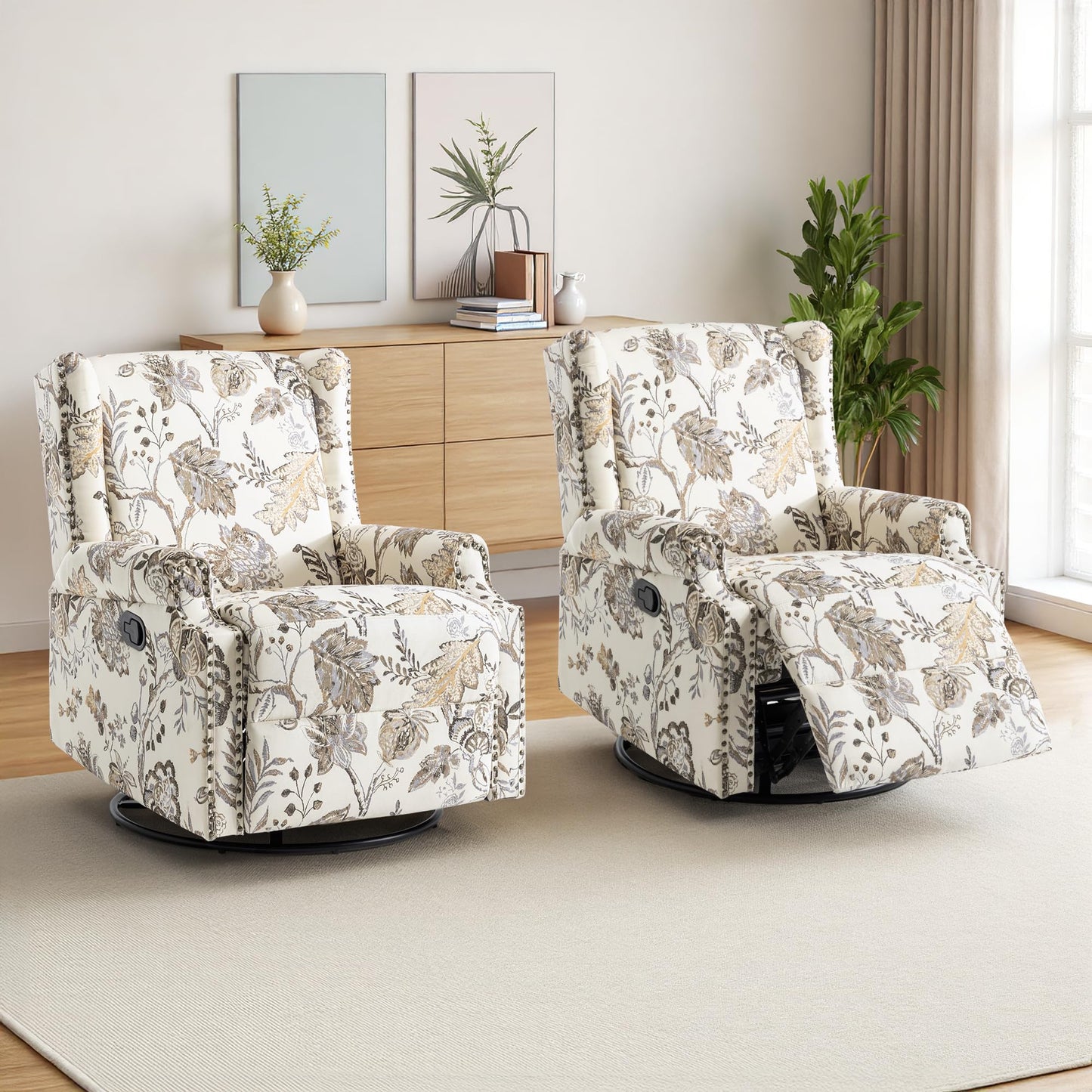 Swivel Rocker Recliner Chair, 360° Swivel Wingback Recliner Chairs for Adults, Upholstered Printed Fabric Glider Rocking Chair with High Back, Deep Seat for Living Romm Bedroom, Bird