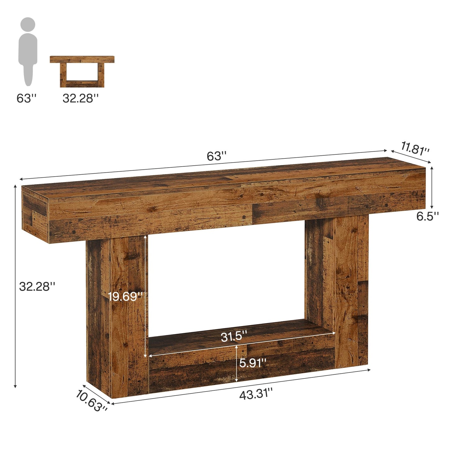 Tribesigns 63" Console Table, Farmhouse 2-Tier Entryway Table with U-Shaped Base, Narrow Long Wood Sofa Table Behind Couch Table for Living Room, Hallway, Foyer, Vintage Brown & Gray | Farmhouse