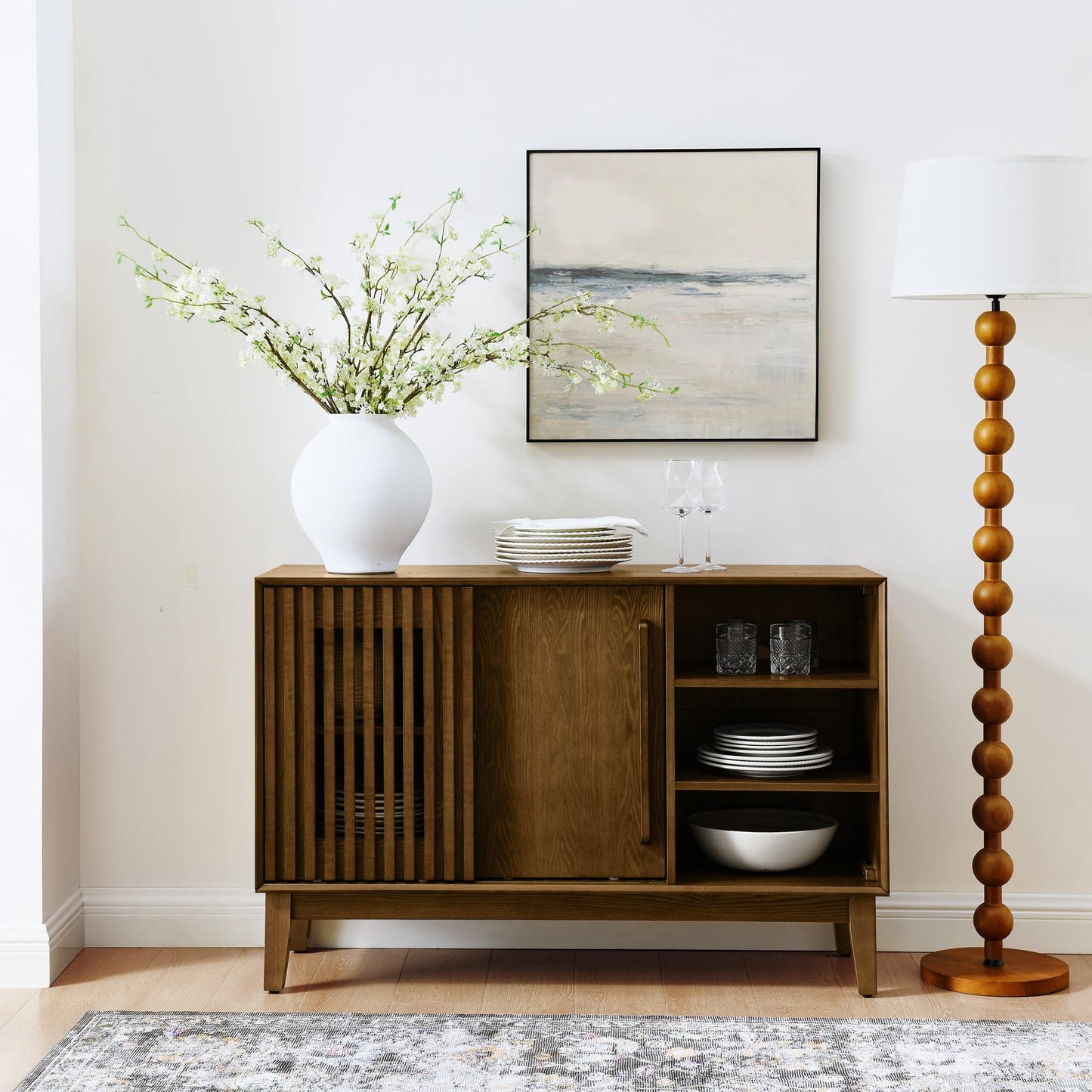 LKTART 63" Rattan Sideboard Buffet Cabinet,Kitchen Storage Cabinet,Wood Coffee Bars with 4 Doors & Open Storage Shelves,Mid Century Modern Credenza Console Table for Living Room,Walnut