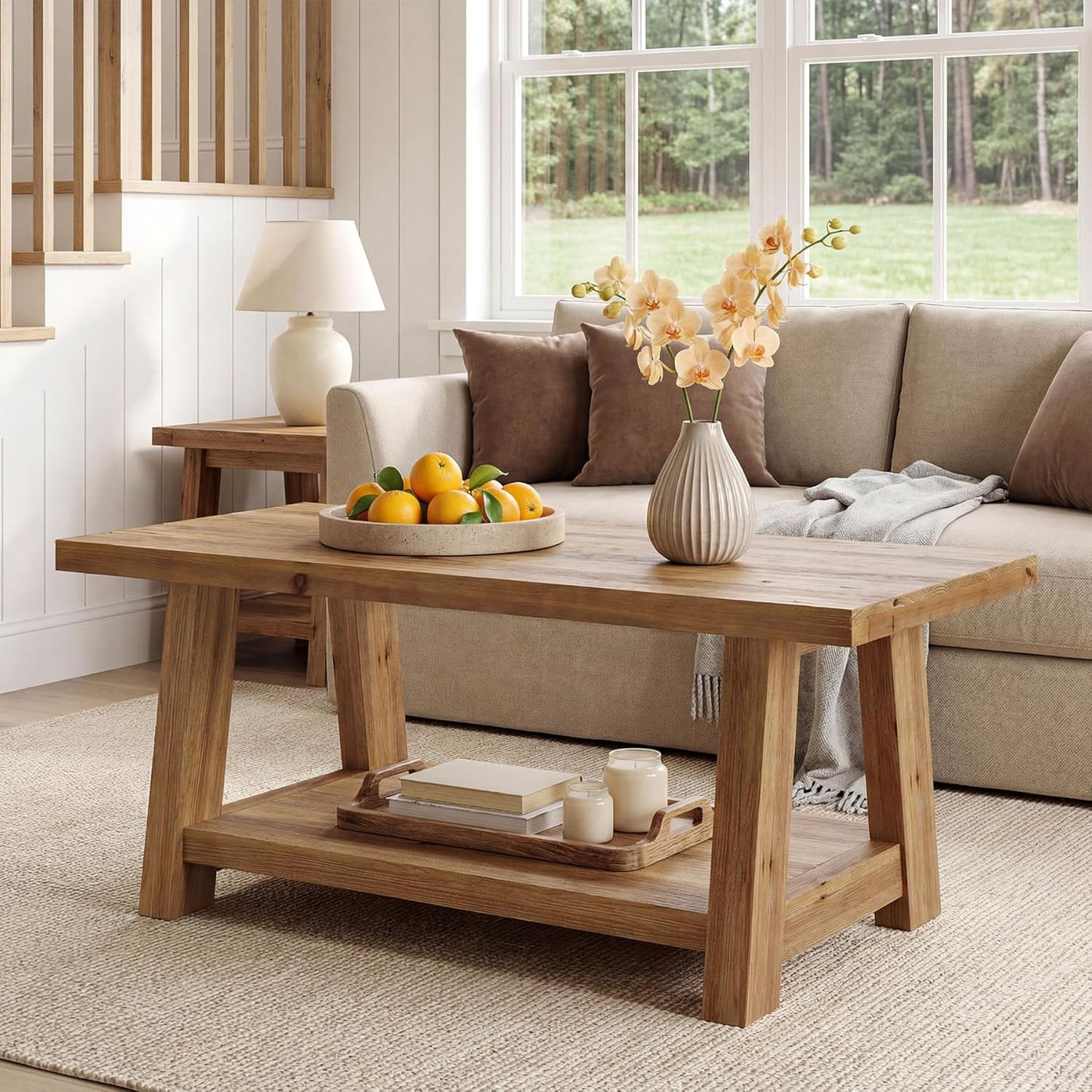 Rustic Solid Wood Coffee Table, 2-Tier Rectangle Accent Center Table with Lower Storage Shelf, Farmhouse Simple Cocktail Tea Tables with Sturdy Legs for Living Room, Brown