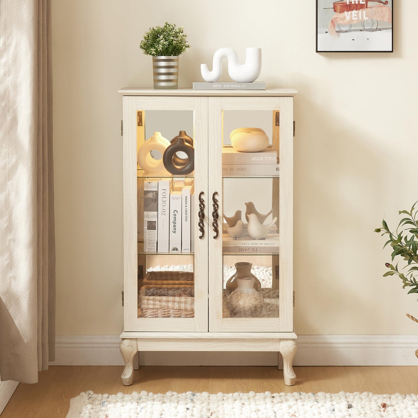 LKTART Curio Glass Display Cabinet,Storage Cabinet with Lights and Mirrored Back Panel,China Cabinet with Tempered Glass Doors and Shelves,Collectible Display Shelf,Included Bulb White