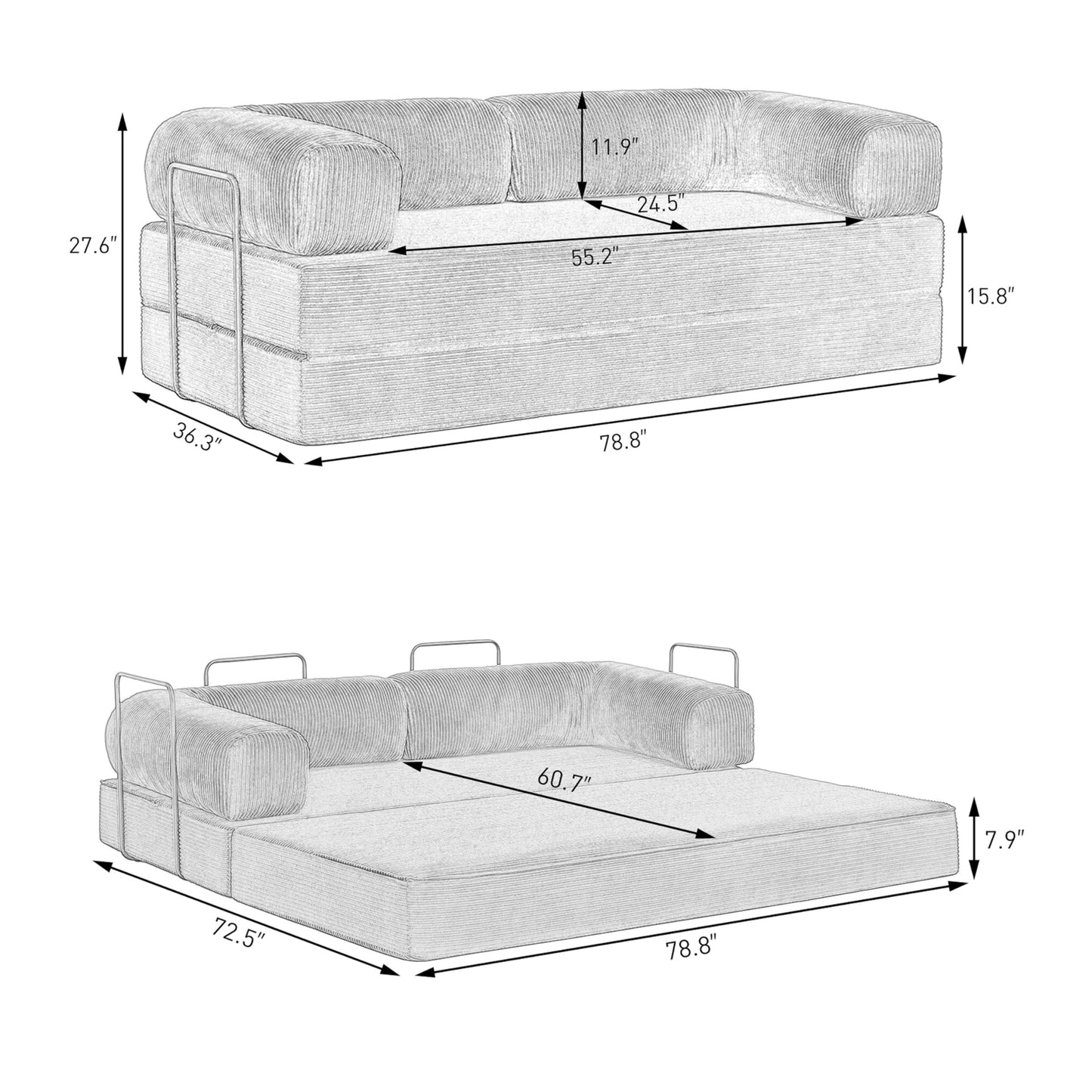 79'' Convertible Sleeper Sofa Bed, 4-in-1 Corduroy Folding Floor Couch, No Assembly Modular Boneless Loveseat with Pull Out Bed, Comfy Foldable Sofa Bed for Living Room Bedroom Guest Room, Gray