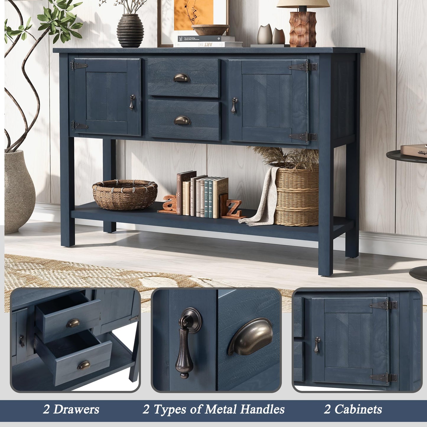 LKTART Farmhouse Sideboard Buffet Cabinet,Solid Wood Sideboard with Storage Drawers and Bottom Shelf,Coffee Bar for Entryway Hallway Foyer,Easy Assembled (46.5" Brown