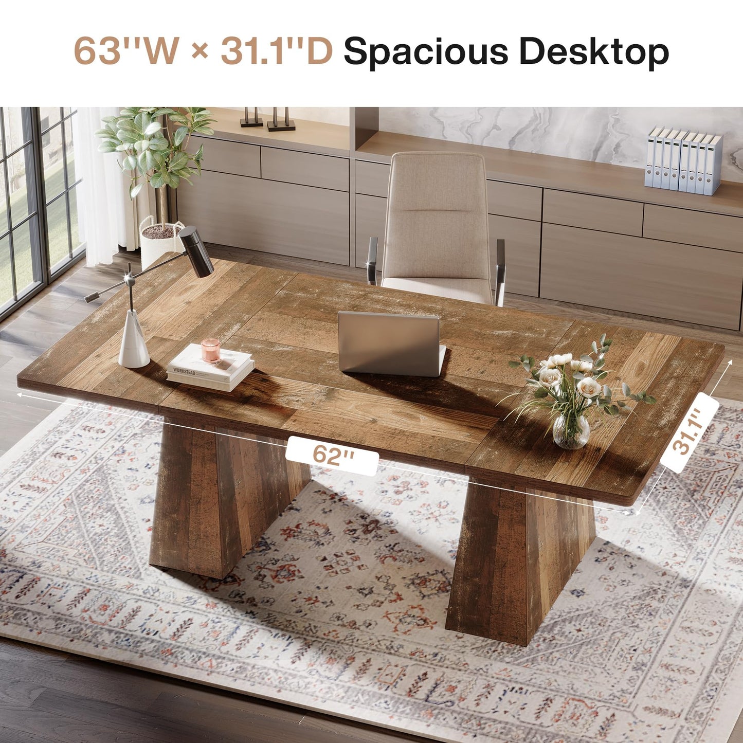 Tribesigns 63-Inch Executive Desk, Large Office Computer Desk with Double Pedestal, Modern Simple Workstations Writing Table Conference Table Business Furniture for Home Office, Light Brown