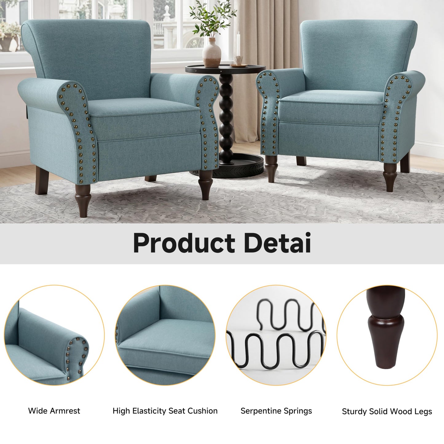 Wingback Accent Chairs Set of 2, Mid-Century Modern Upholstered Armchair Living Room Chair with Nailhead Trim & Rolled Armrest, Comfy Lounge Chair Single Sofa Chair for Bedroom, Light Blue