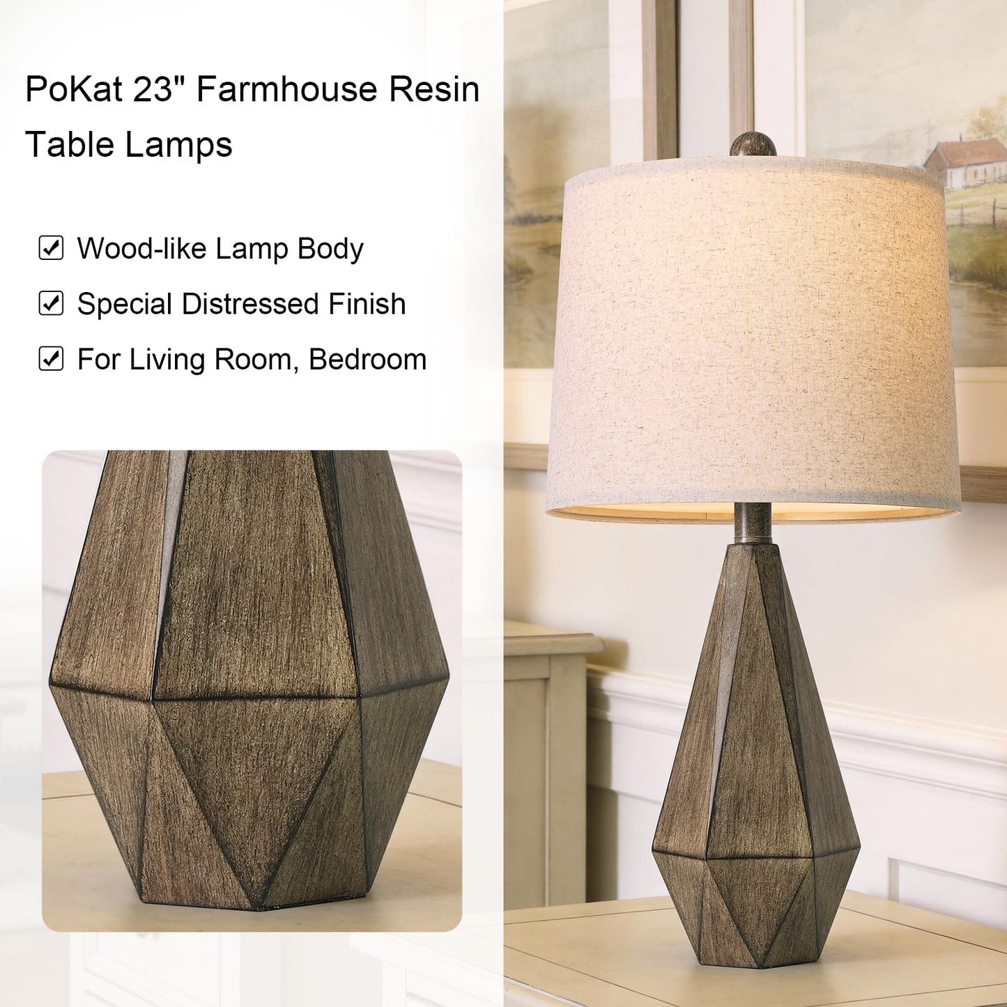 PoKat 23.5'' Table Lamps Set of 2 for Bedroom, Farmhouse Nightstand Lamps for Living Room, Rustic Bedside Lamps with Linen Lampshade for Side Table Office Hallway Entryway Dark Wood-Like (Brown)