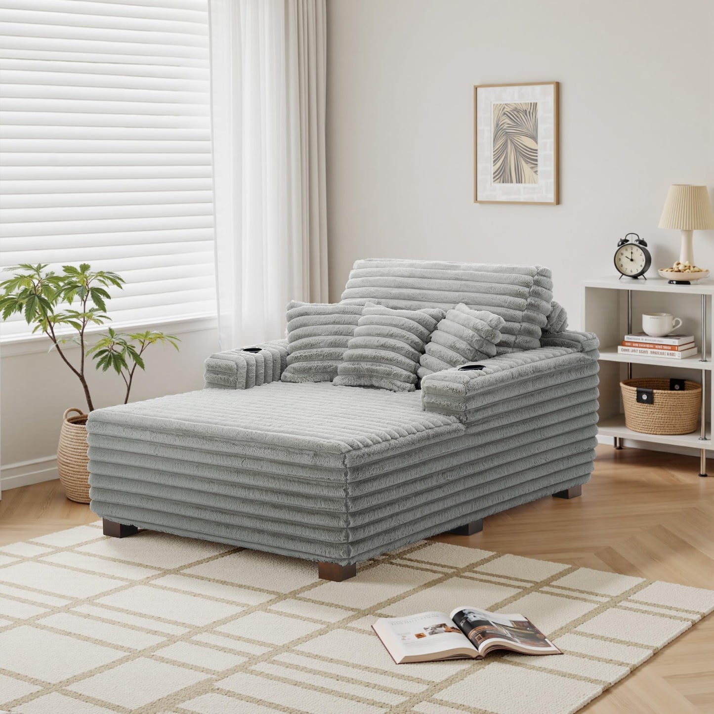 59" Chaise Lounge Chair Indoor, Upholstered Oversized Sleeper Sofa Bed Reading Chairs with 3 Soft Pillows & 2 Cup Holders, Comfy Cloud Deep Seat Sofa for Living Room Bedroom, Set of 2, Navy