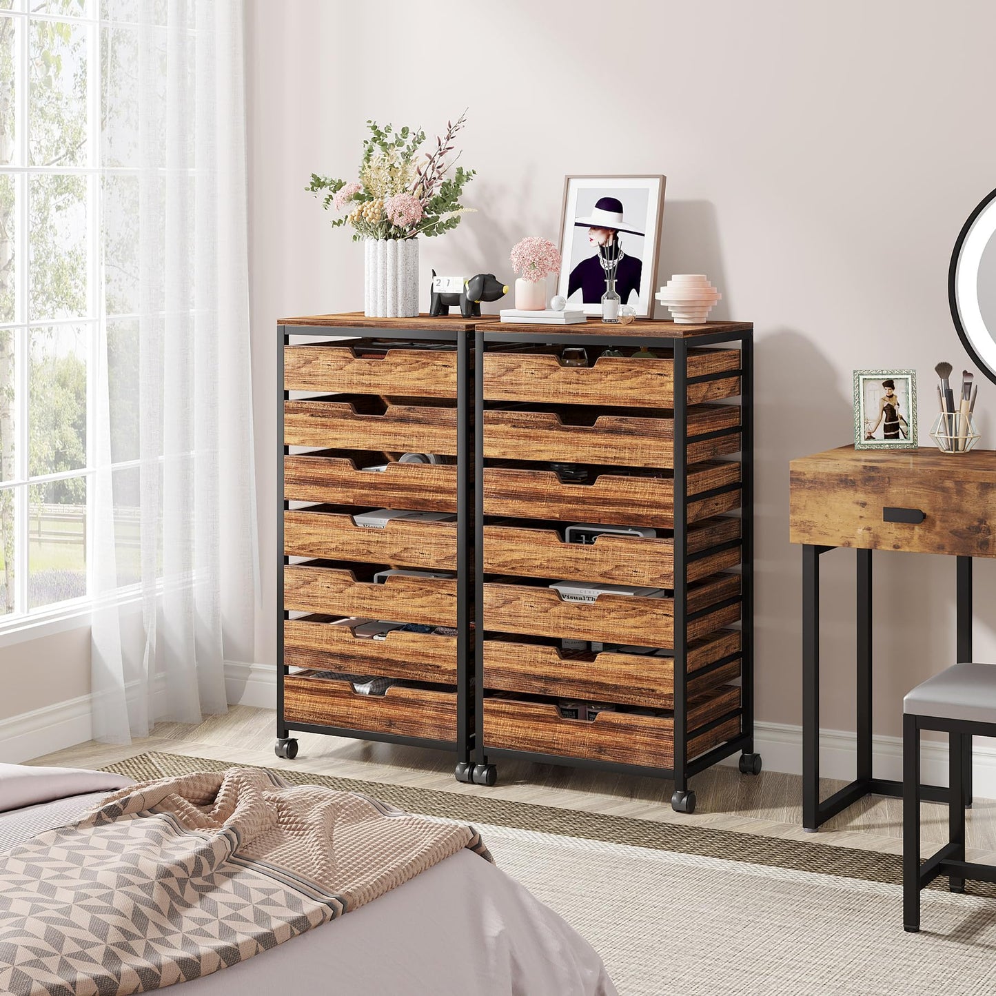 Tribesigns 5 Drawer Chest, Wood Storage Dresser Cabinet with Wheels, Industrial Storage Drawer Organizer Cart for Office Bedroom Entryway (Rustic Brown, 1 PC)