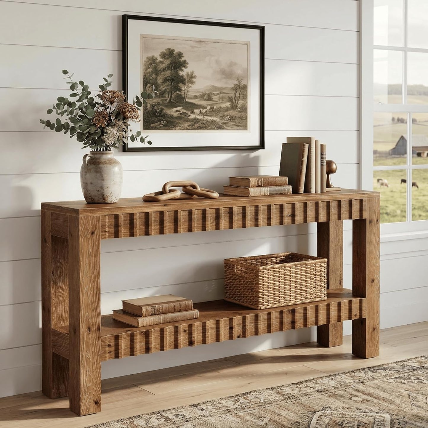 Solid Wood Console Table, 63" Farmhouse Wooden Entryway Table with Fluted Deign, 2-Tier Rectangular Narrow Sofa Table Behind Couch for Entryway, Hallway, Living Room, Rustic Brown