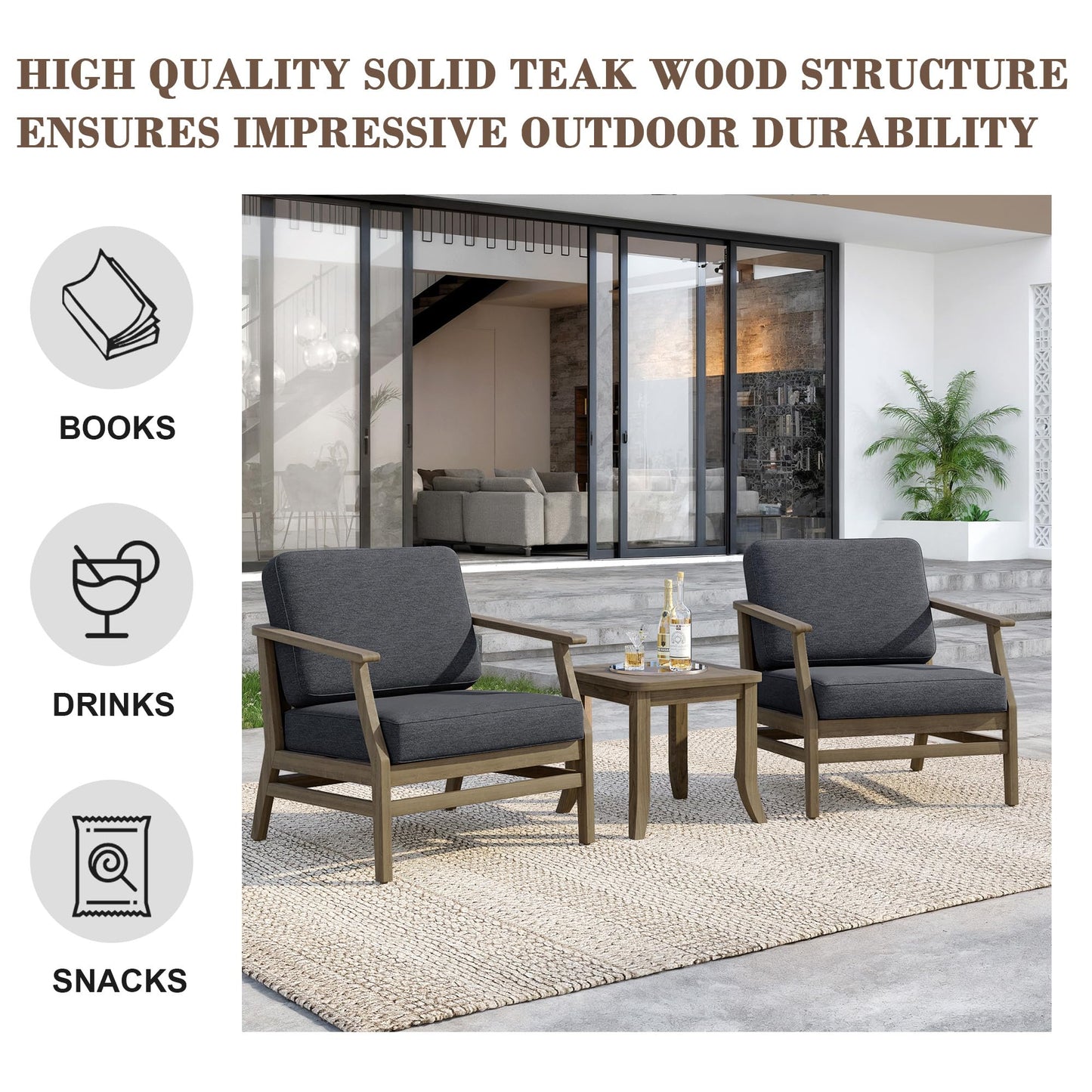 Outdoor Patio Armchairs, 2 Pieces Solid Wood Patio Furniture Sets with Washable Thick Cushions, All-Weather Outdoor Sofa Chairs for Backyard, Garden, Poolside, Natural Frame & Dark Gray Cushion