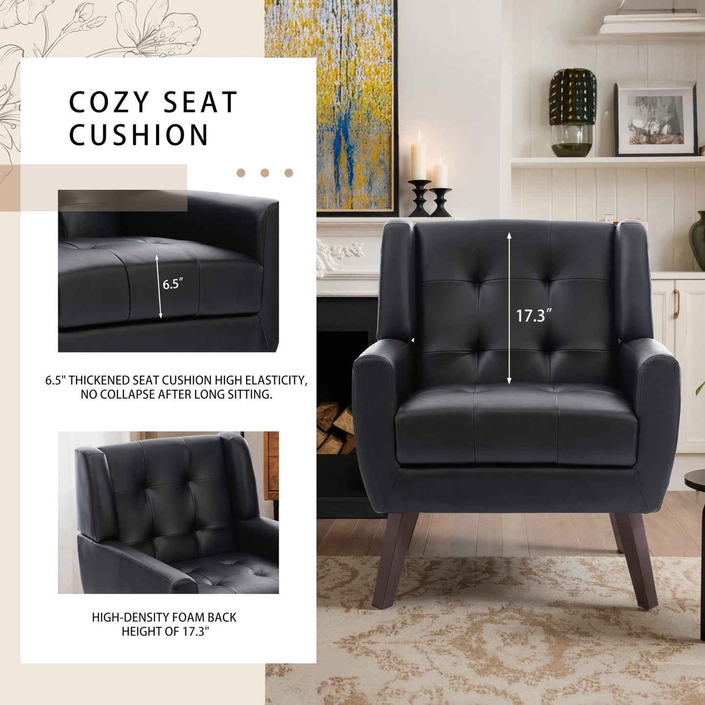 Faux Leather Accent Chairs Set of 2, Mid-Century Modern Upholstered Armchair, Comfy Living Room Chairs Reading Chairs with Button Tufted Back & Solid Wood Legs for Bedroom, Office, Black