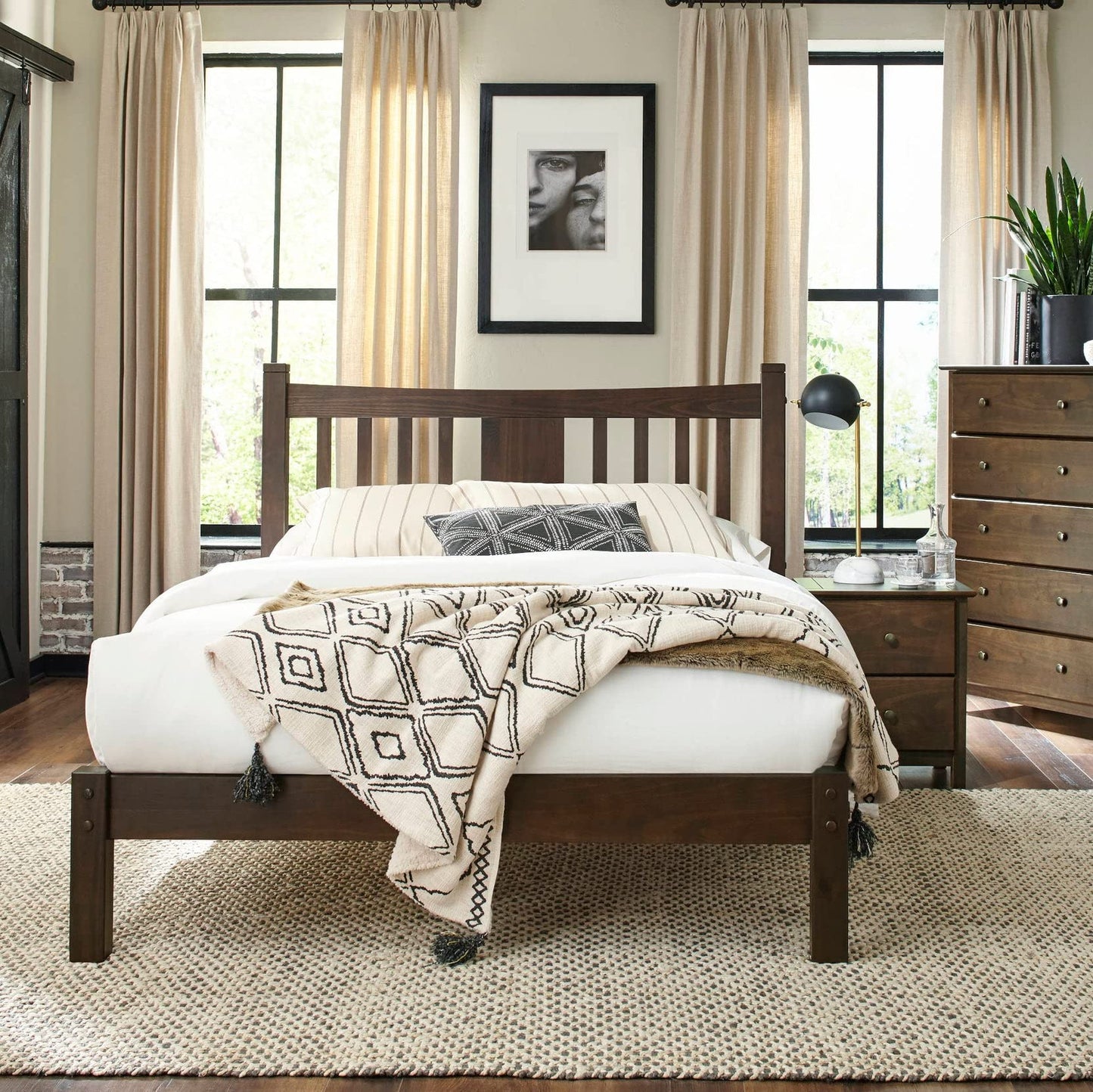 Grain Wood Furniture Shaker Solid Wood Slat Platform Bed, Queen Size, Walnut Finish