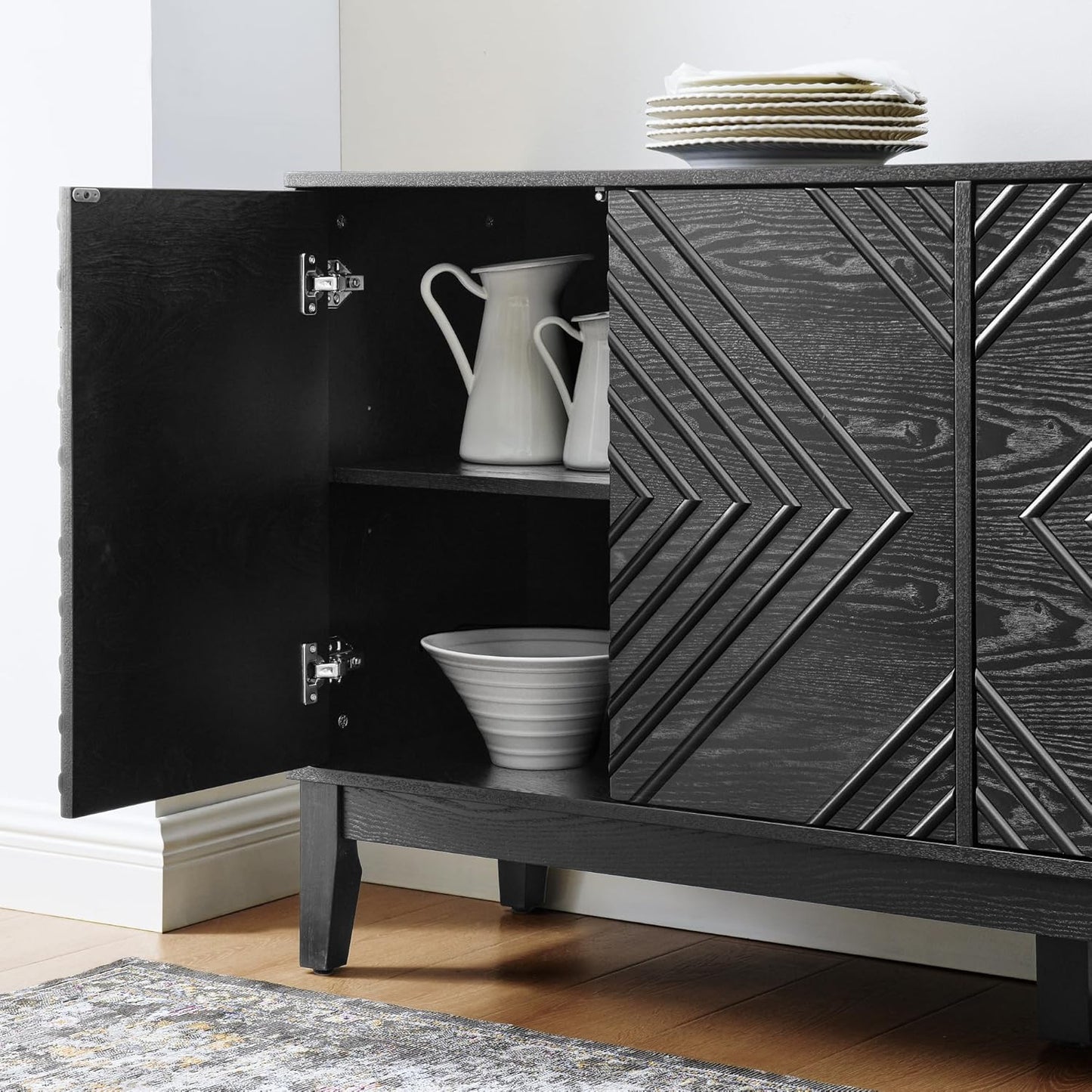 LKTART 60.5" Black Sideboard Buffet Cabinet,Modern Accent Credenza Storage Cabinet with 4 Doors, Media Console Table for Living Room Entryway