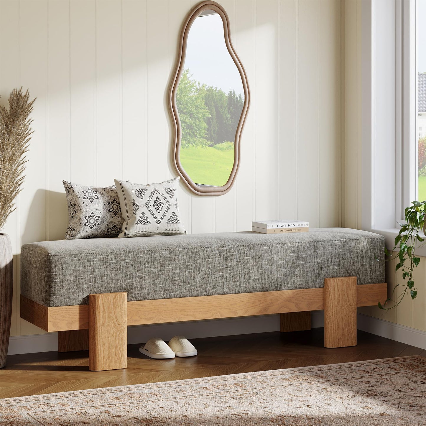 Tribesigns 55-Inch Upholstered Entryway Bench, Modern Shoe Bench with Ultra-Plush Thick Cushion and MDF Frame, End of Bed Stool Long Ottoman for Entrance, Living Room (Beige & Oak)