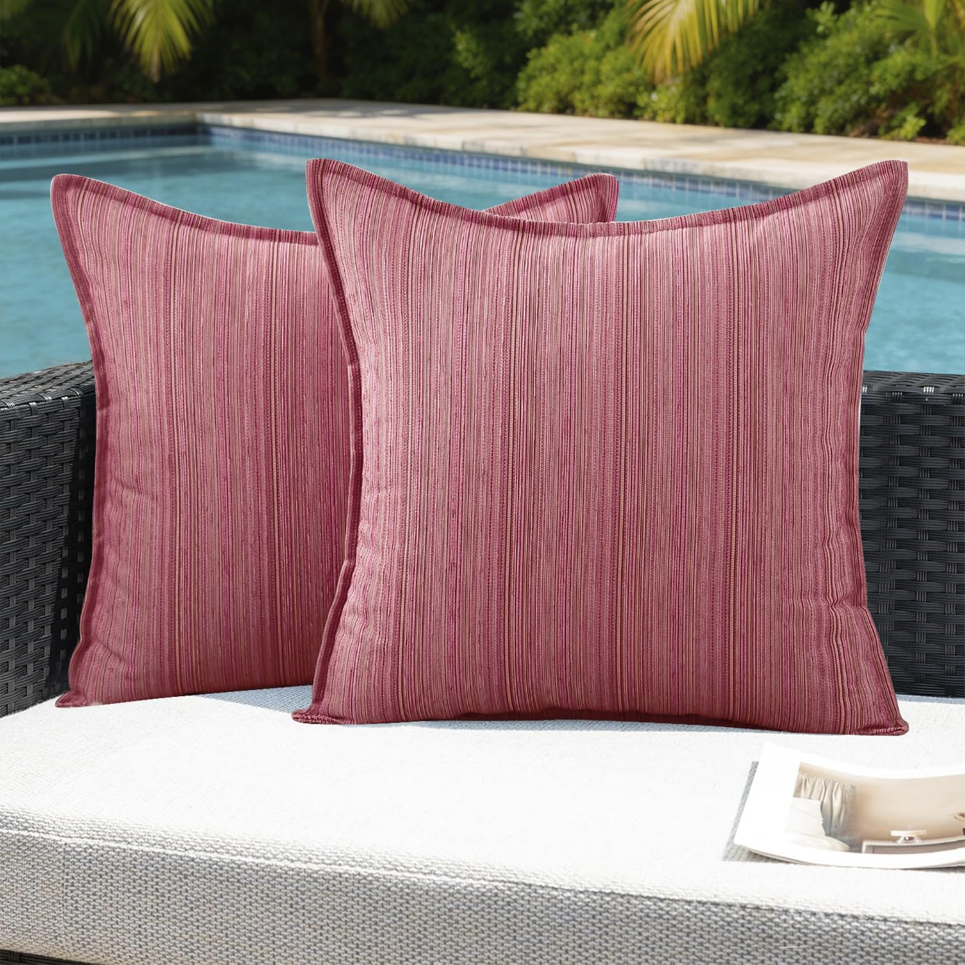 VAKADO Outdoor Waterproof Throw Pillow Covers 18x18 Set of 2,Chenille UV Decorative with Hem Patio Furniture Cushion Cases Decor for Bench Garden Tent Chair Seat Porch Couch,Stripe Beige