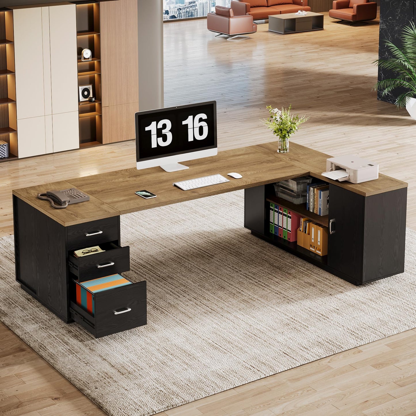 Tribesigns 85.8-Inch L-Shaped Executive Desk with File Drawers, Door Cabinet & Shelves, Extra Large Commercial Office Desk, Modern Professional Office Table, Business Furniture, Warm Brown & Black