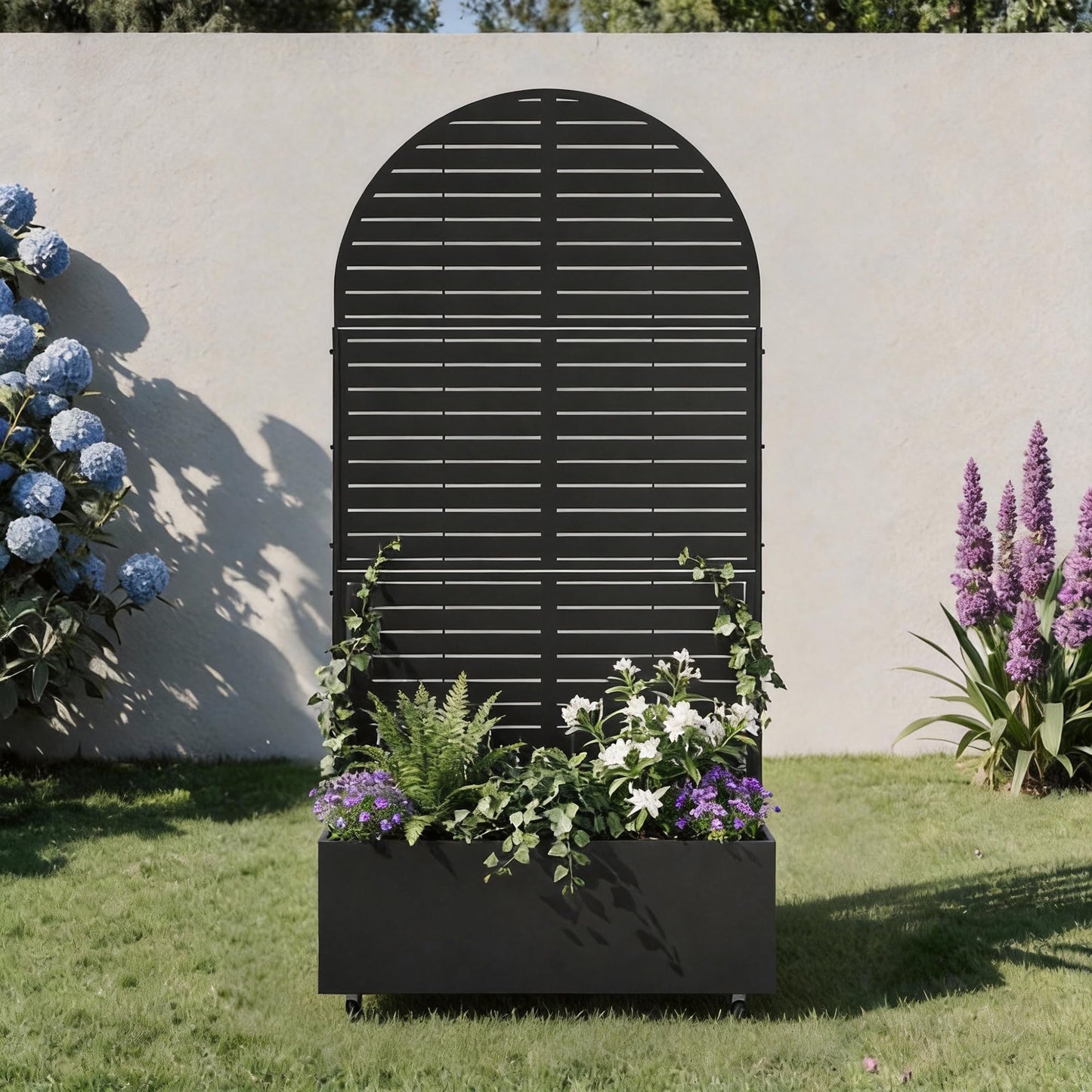 Metal Raised Garden Bed with Trellis and Wheels, 71"x47"x16" Planter Box with Privacy Screen & Drainage Holes, Arched Outdoor Garden Bed for Climbing Plants, Vegetables, Flowers (Black-Square)