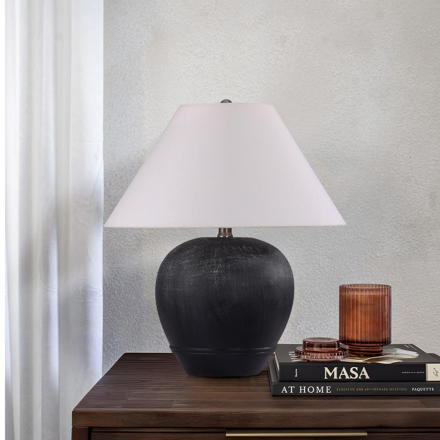 Farmhouse Ceramic Table Lamp, 21" Rustic Table Lamp with Linen Shade, 3-Way Dimmable Bedside Nightstand Lamps for Bedroom, Living Room, E26 Socket, Dark Grey