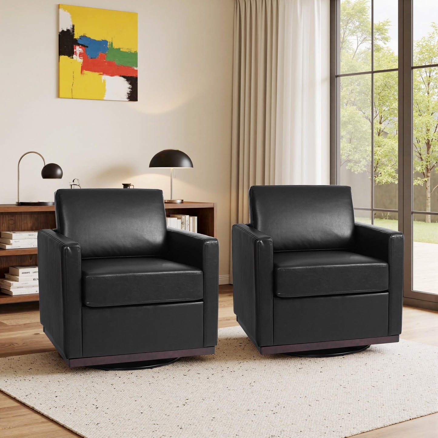 Faux Leather Swivel Accent Chairs Set of 2, 360° Swivel Upholstered Club Armchairs for Living Room, 31" Wide Square Single Sofa Reading Chair with Deep Seat, Metal Swivel Base, Navy