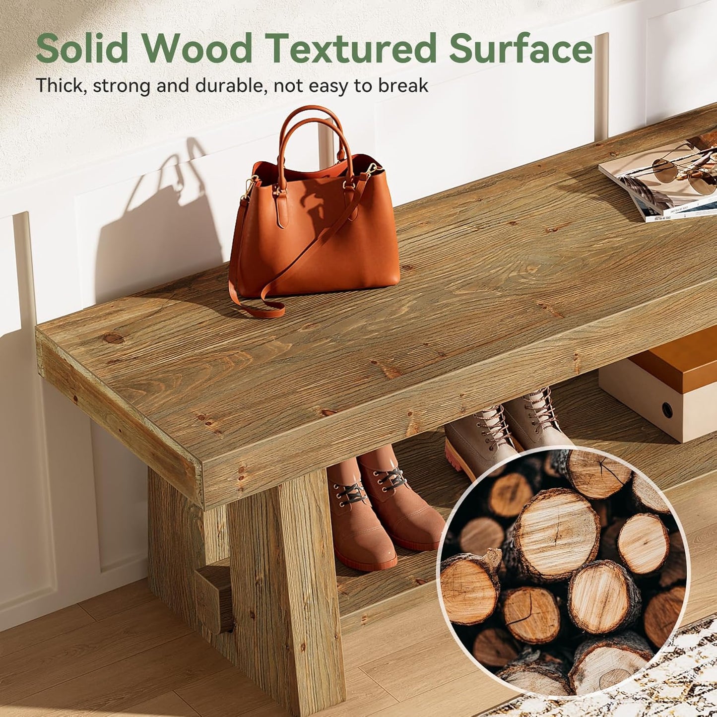 63'' Solid Wood Entryway Bench with Open Shelves, 2-Tier End of Bed Bench, Farmhouse Wooden Bench Indoor for Dining Room, Living Room, Hallway, Bedroom