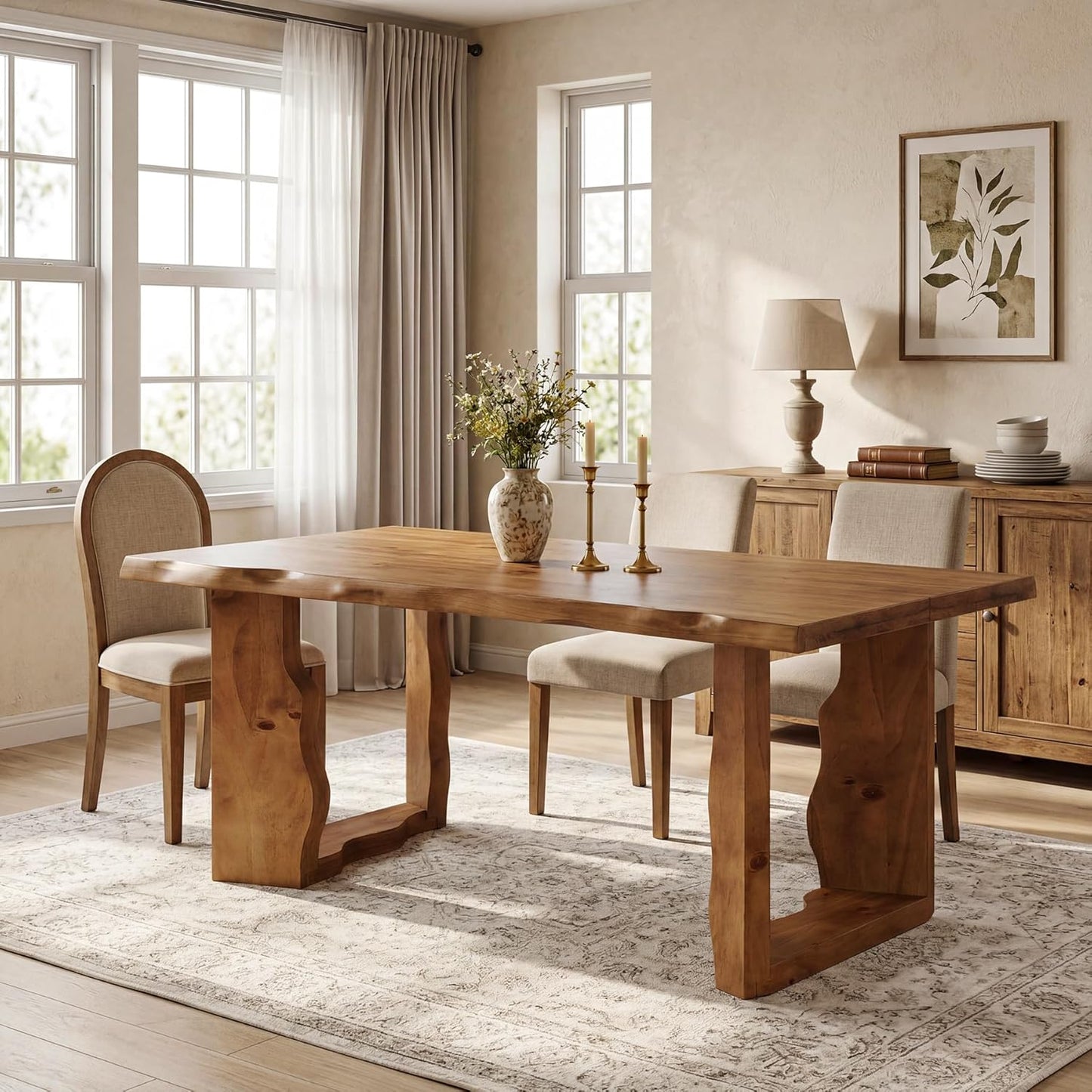 63" Live Edge Solid Wood Dining Table, Modern Rustic Kitchen Table with Sculptural Legs, 6-Person Rectangular Dinner Table for Dining Room, Kitchen,Natural Walnut Finish