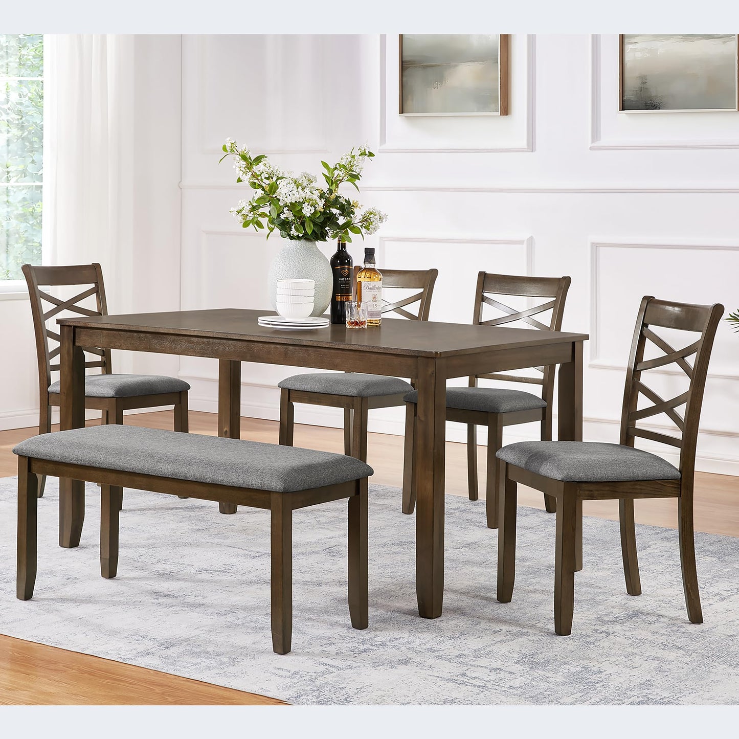 LKTART 6 Piece Kitchen Dining Set, 58.5" Rectangular Wooden Dinner Table with 4 Upholstered Chairs and a Bench for Living Room, Home Bar and Kitchen, Walnut